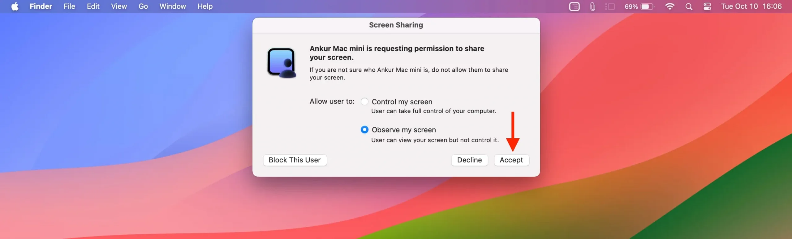 Erlauben Sie „Meinen Bildschirm beobachten“ und klicken Sie auf „Akzeptieren“ auf dem Mac