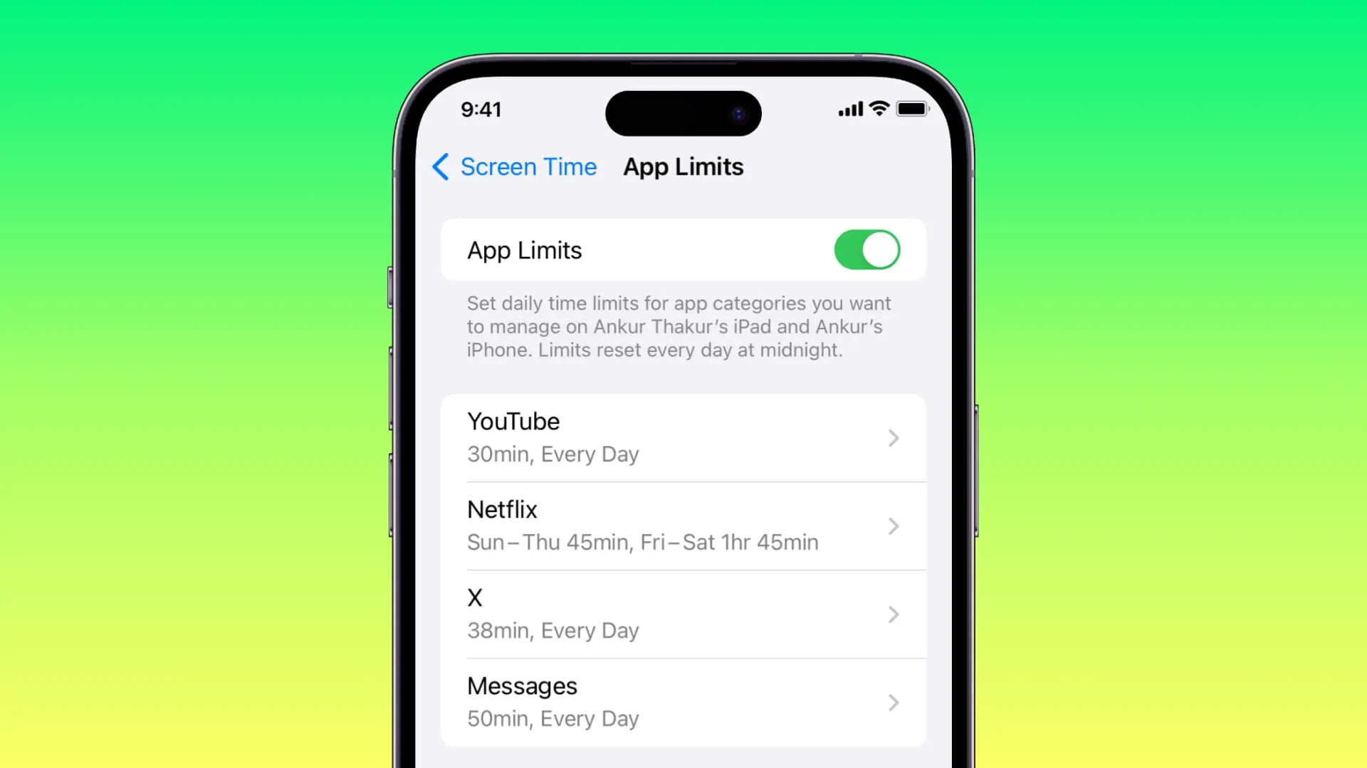 Límites de aplicaciones para YouTube, Netflix, Twitter y Mensajes en la configuración de Tiempo de pantalla del iPhone