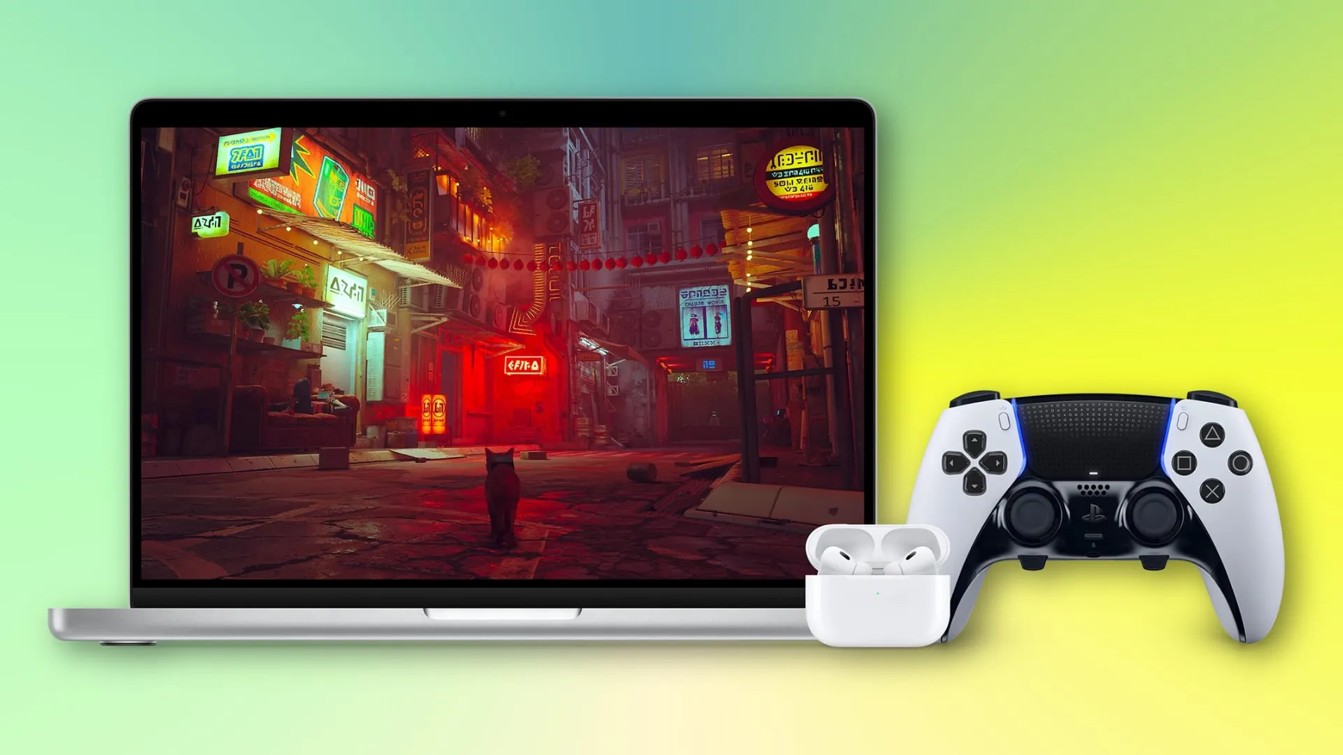 Stray ゲームは MacBook Pro で動作し、AirPods と PS5 コントローラーがラップトップの隣にあります