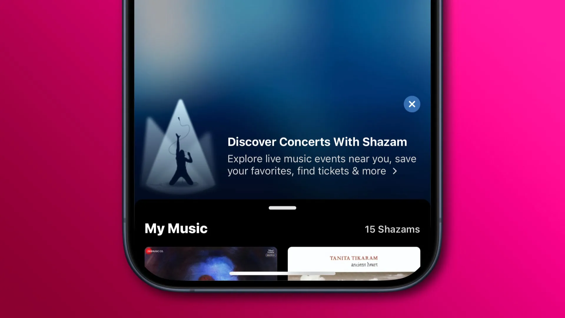Shazam for iPhone showing a tooltip about the Concert feature Shazam for iPhone showing a tooltip about the Concert feature