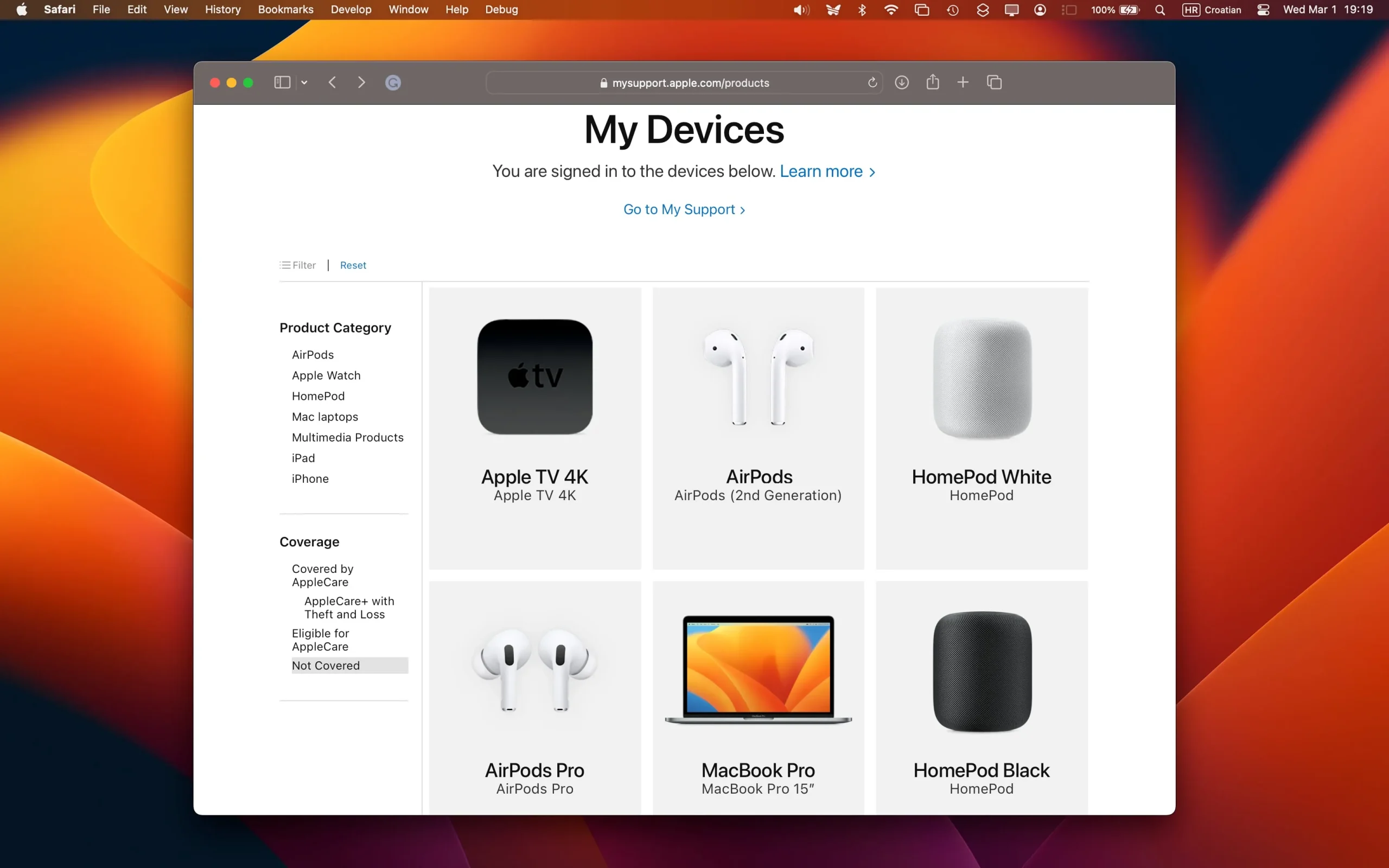 Geräte ohne Abdeckung werden auf der My Support-Website von Apple angezeigt