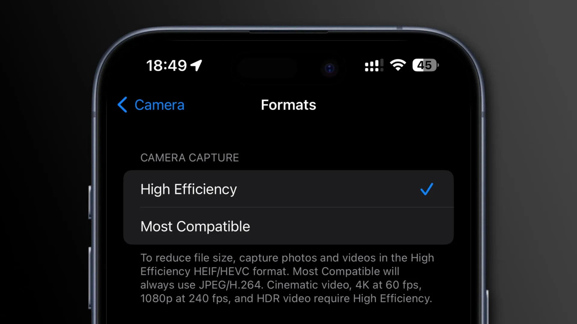 Als iPhone-Kameradateiformat wurde in der App „Einstellungen“ „Hohe Effizienz“ ausgewählt