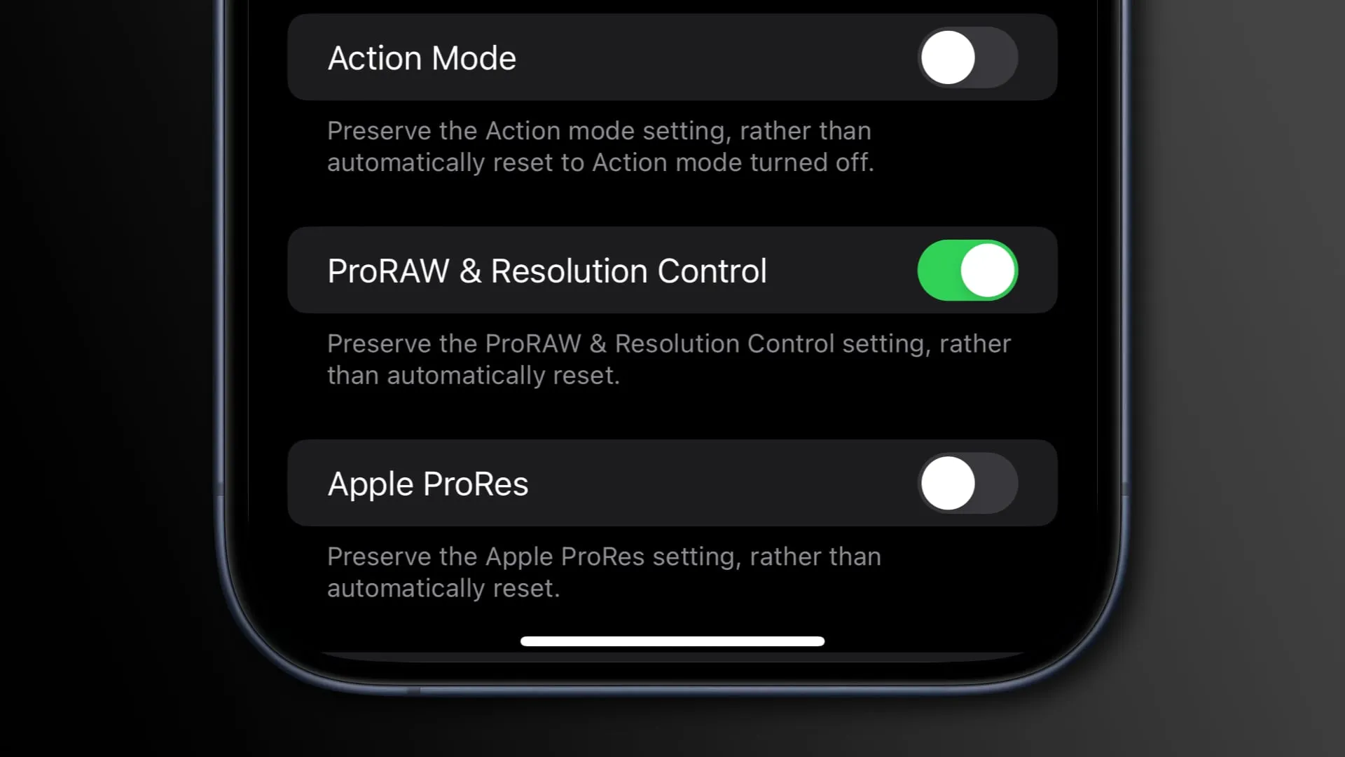 Beibehalten der iPhone-Kameraeinstellungen für ProRaw und Auflösungssteuerung