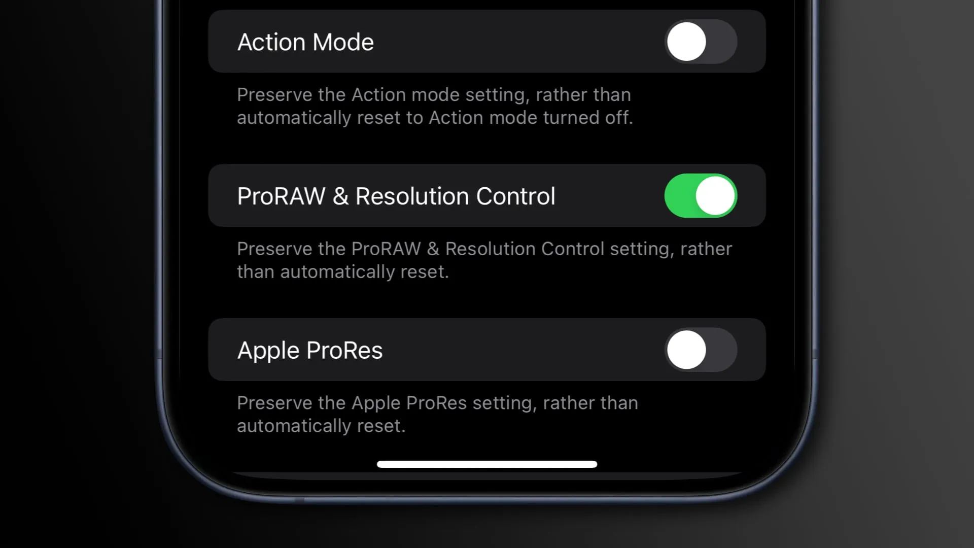 ProRaw と解像度制御のための iPhone カメラ設定の保持