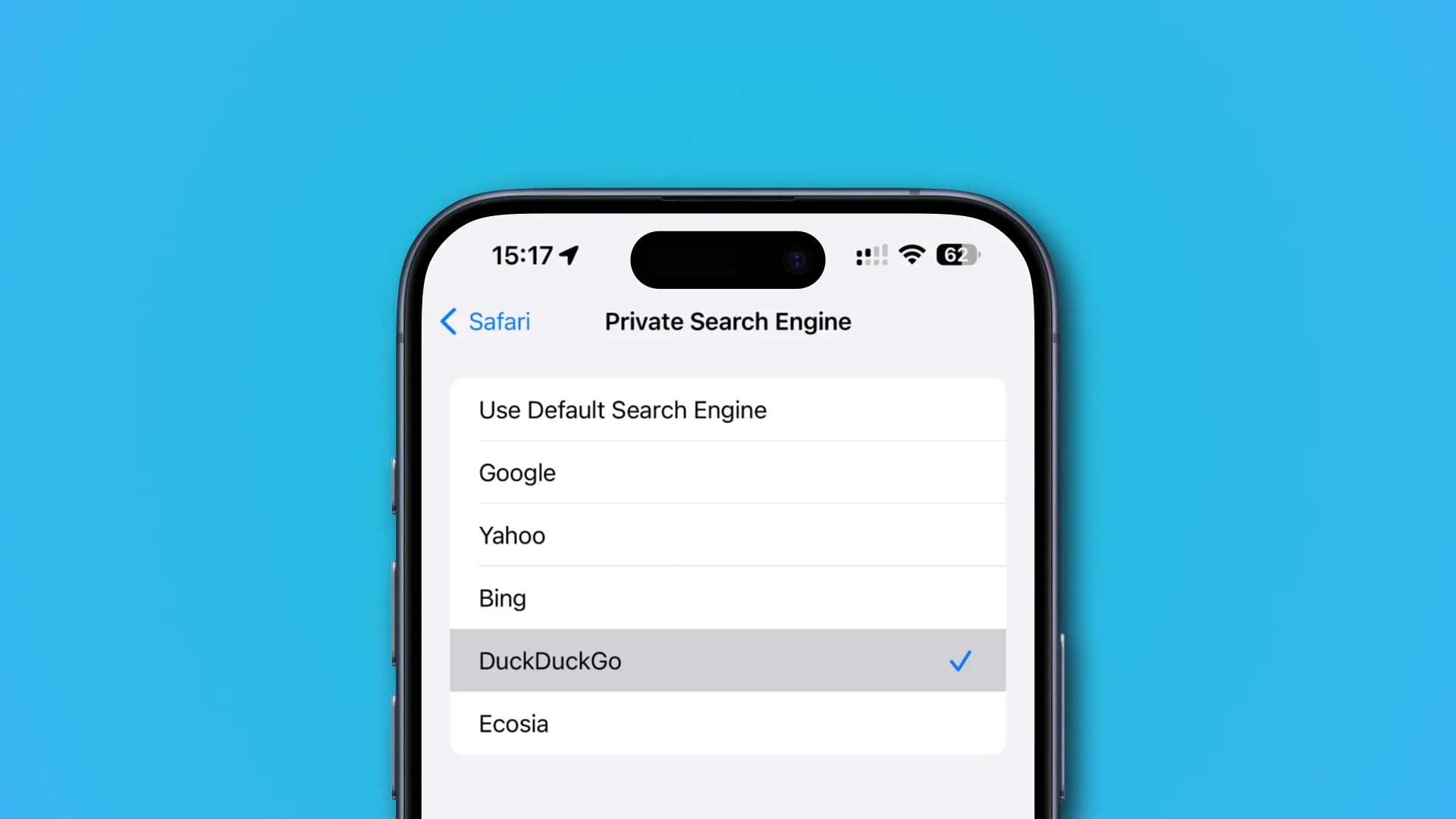 Wybór DuckDuckGo jako prywatnej wyszukiwarki Safari na iOS 17