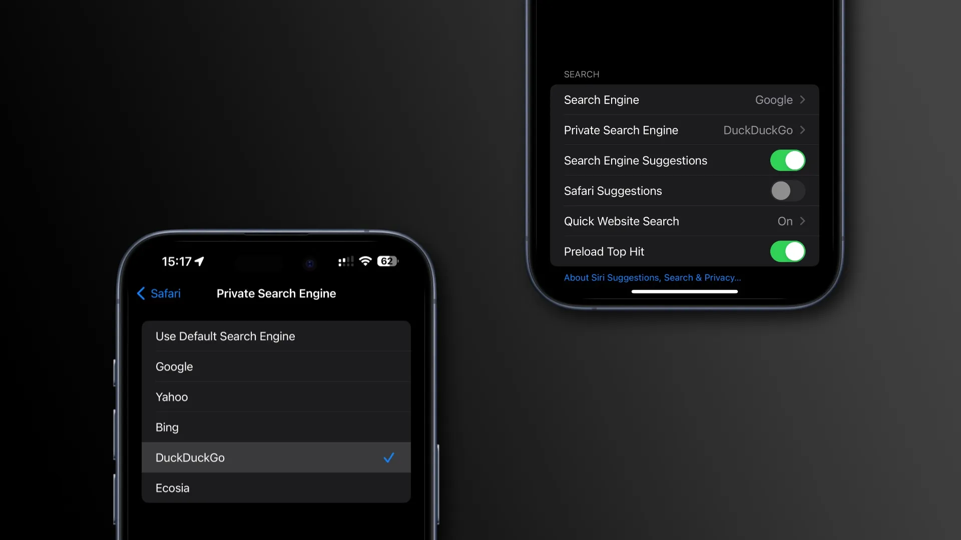 Safari의 개인 모드용 검색 엔진 설정을 보여주는 두 대의 iPhone