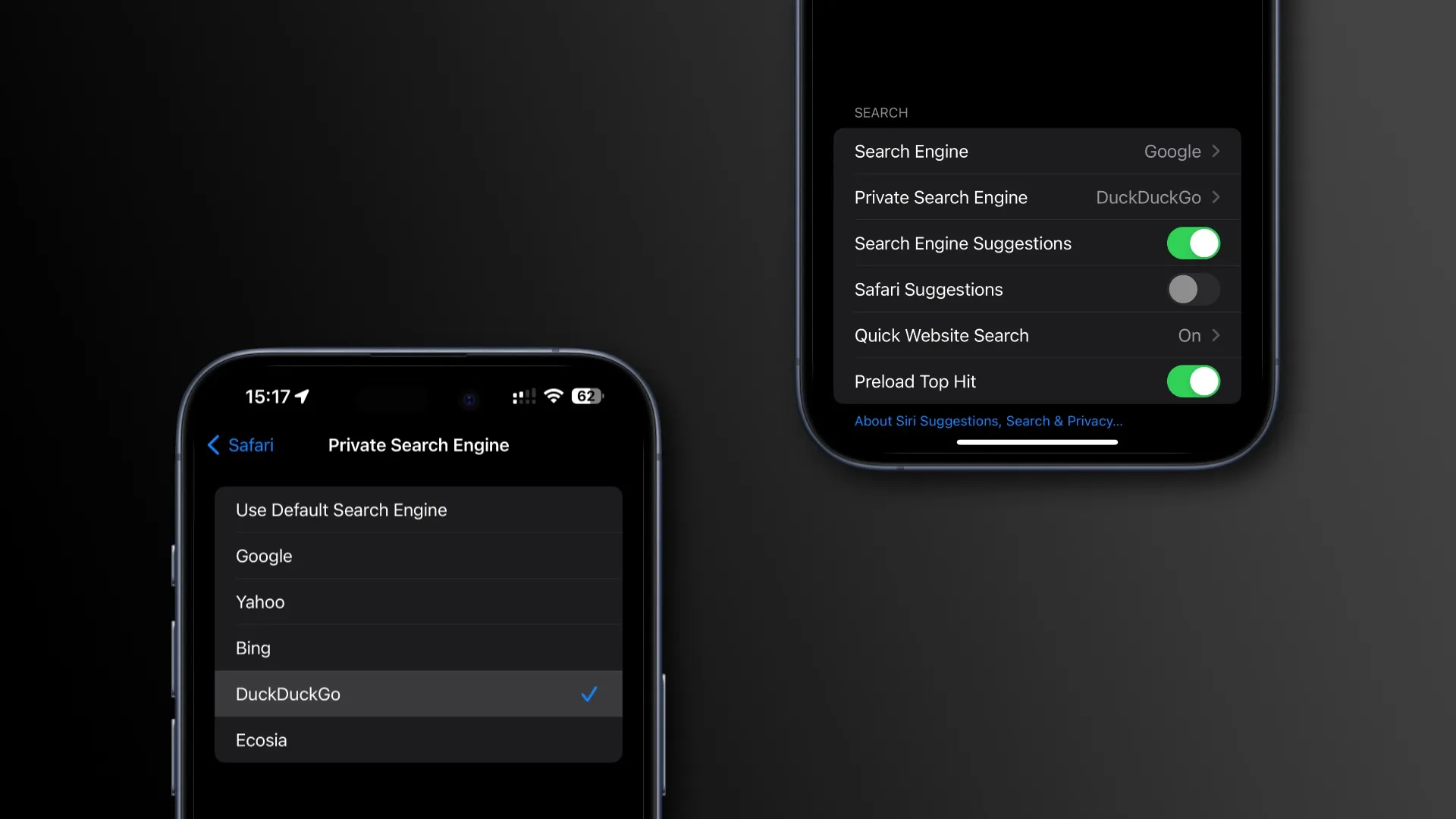 Dwa iPhone'y prezentujące ustawienie wyszukiwarki dla trybu prywatnego przeglądarki Safari