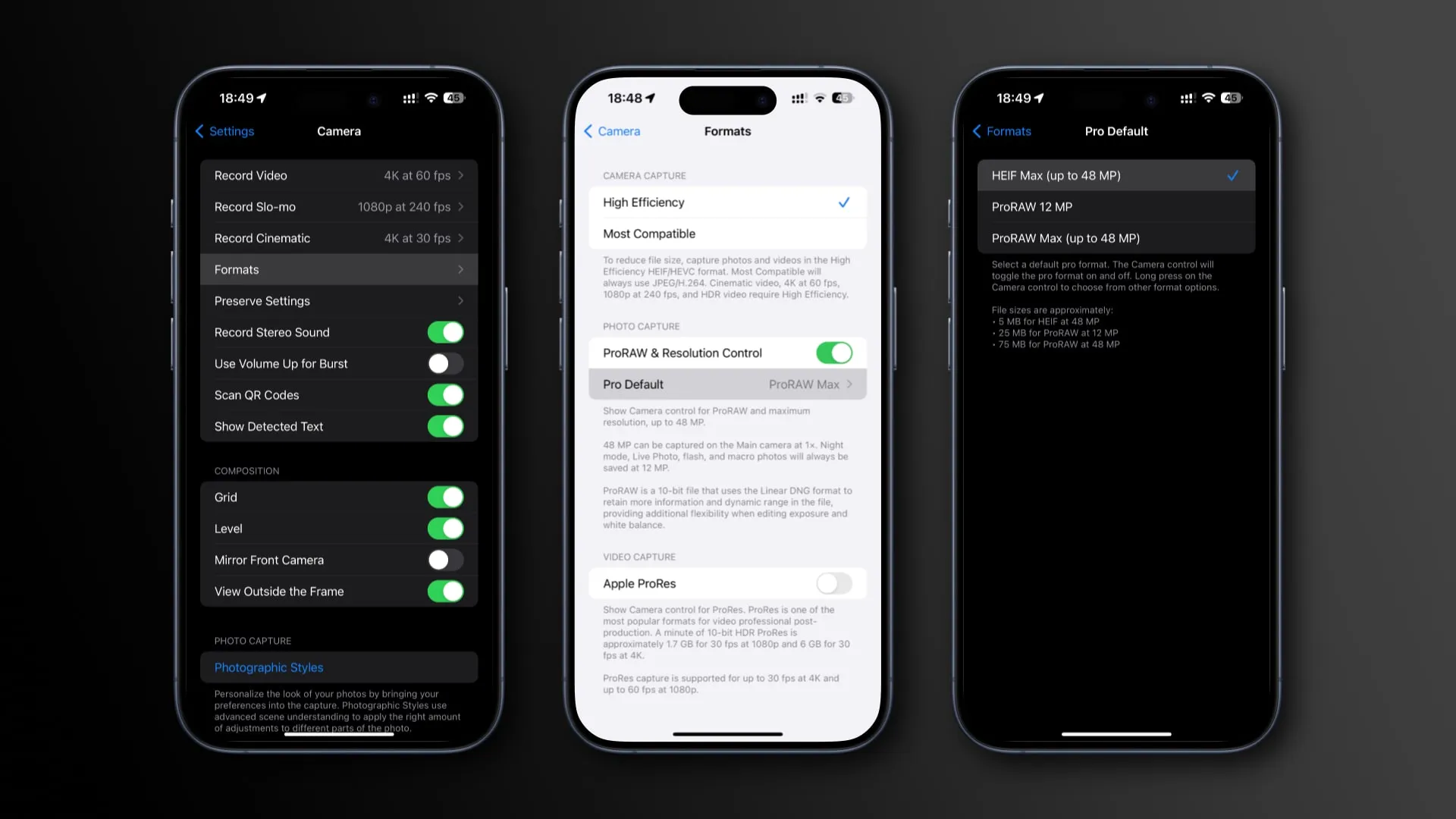 Festlegen des Pro-Standardformats der iPhone-Kamera auf 48 MP HEIFF