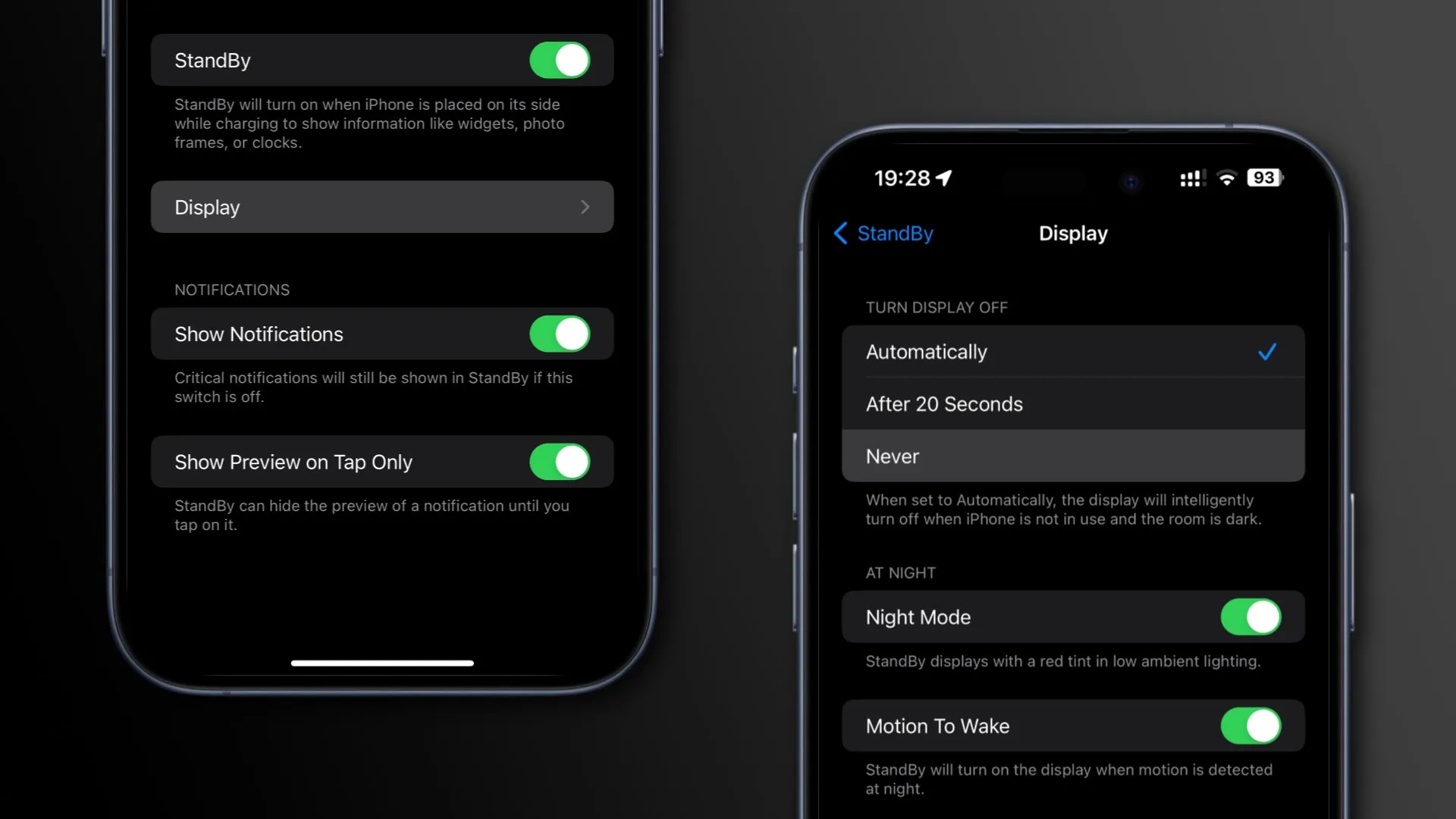 Configuración de espera y opciones de visualización en iOS 17.1