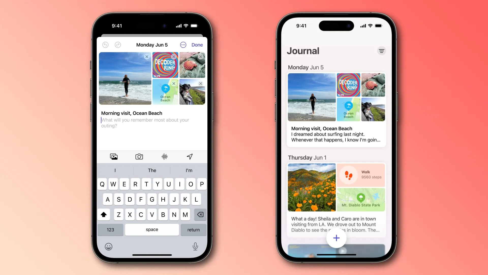 추천 사항과 최근 활동을 보여주는 iPhone의 Apple Journal 앱