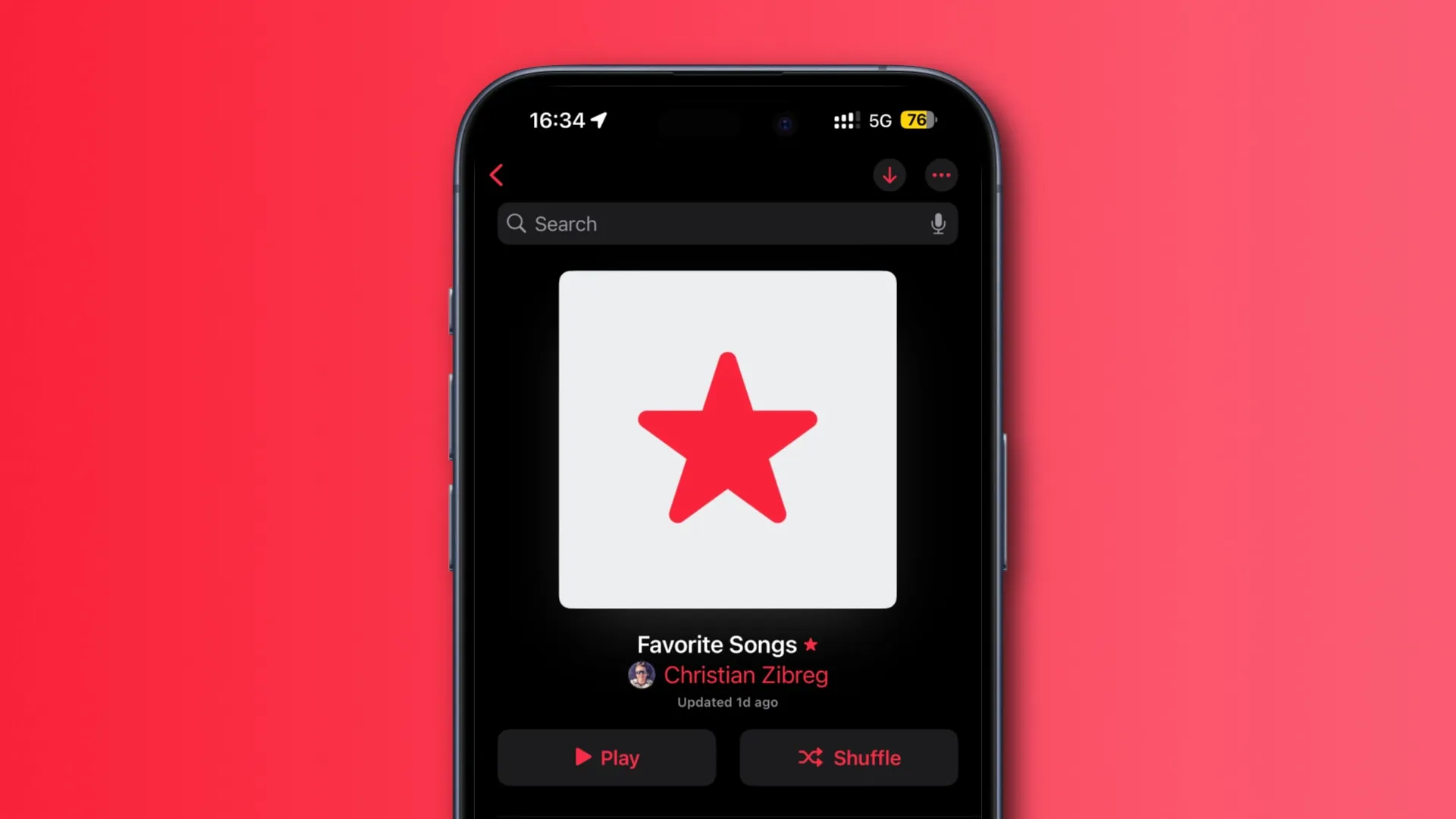 O aplicativo de música do iPhone exibindo a lista de reprodução de músicas favoritas