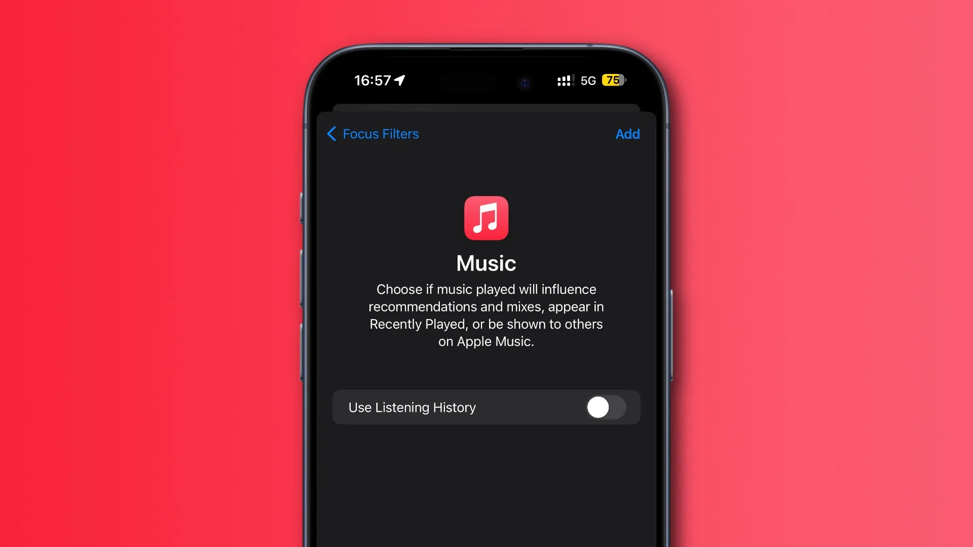 Histórico de audição do Apple Music Filtro de foco no iPhone