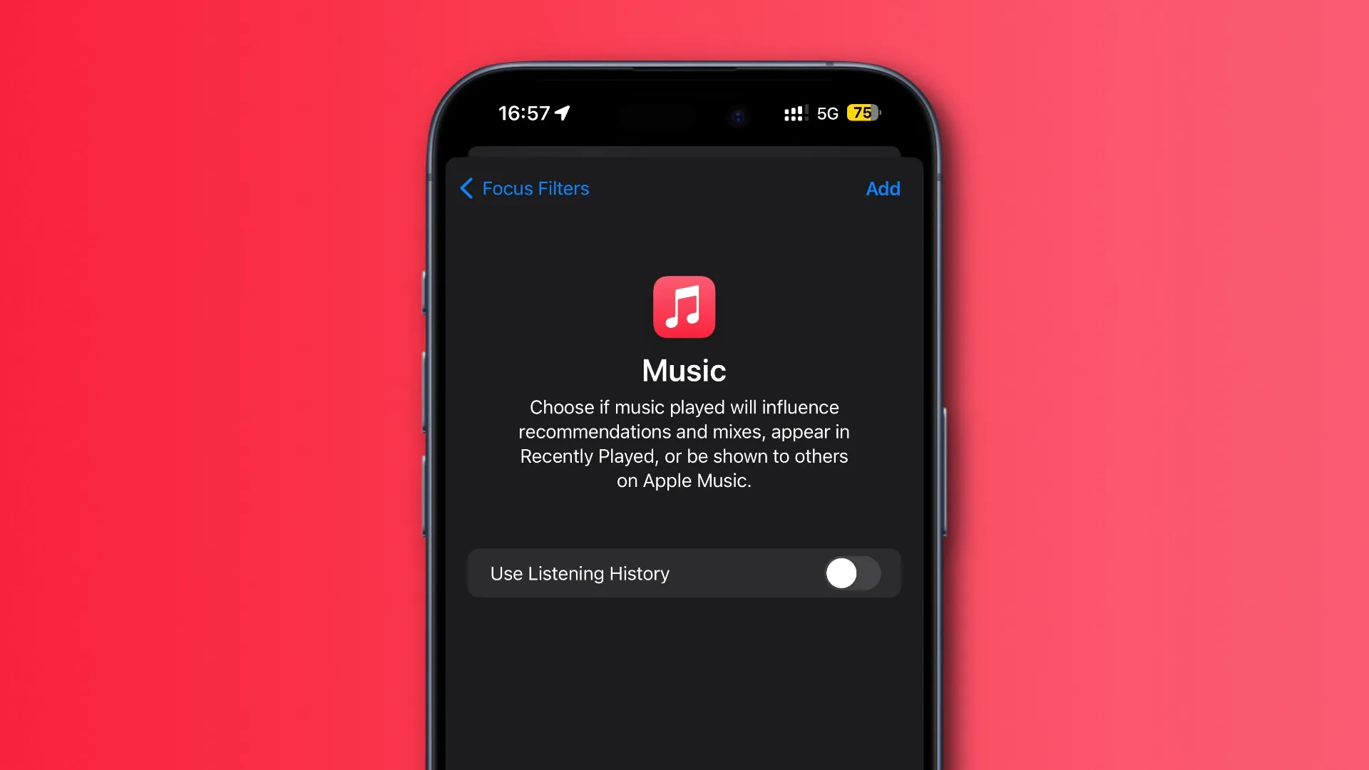 Historial de escucha de Apple Music Filtro de enfoque en iPhone