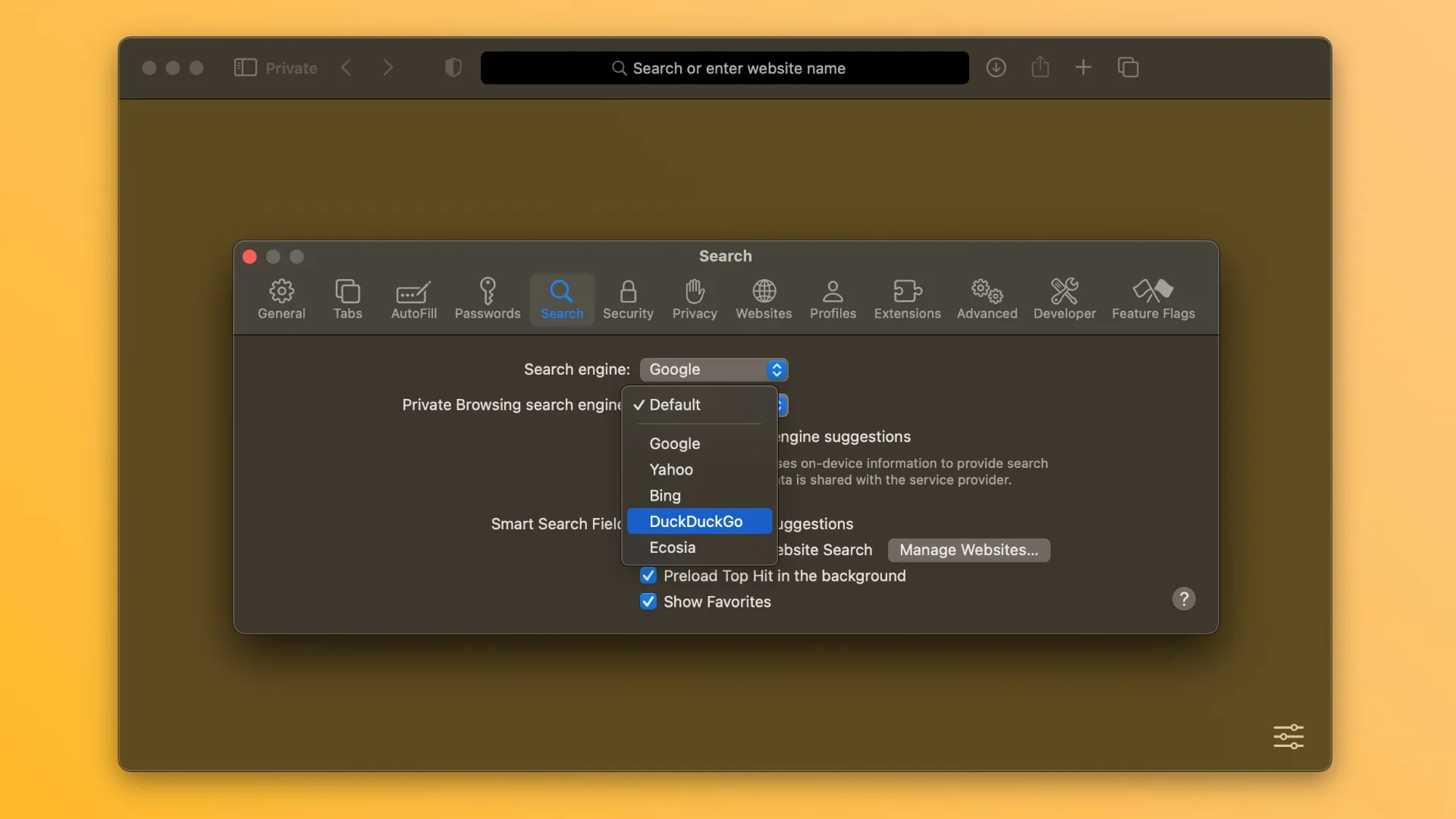 Ustawianie DuckDuckGo jako prywatnej wyszukiwarki Safari na macOS Sonoma