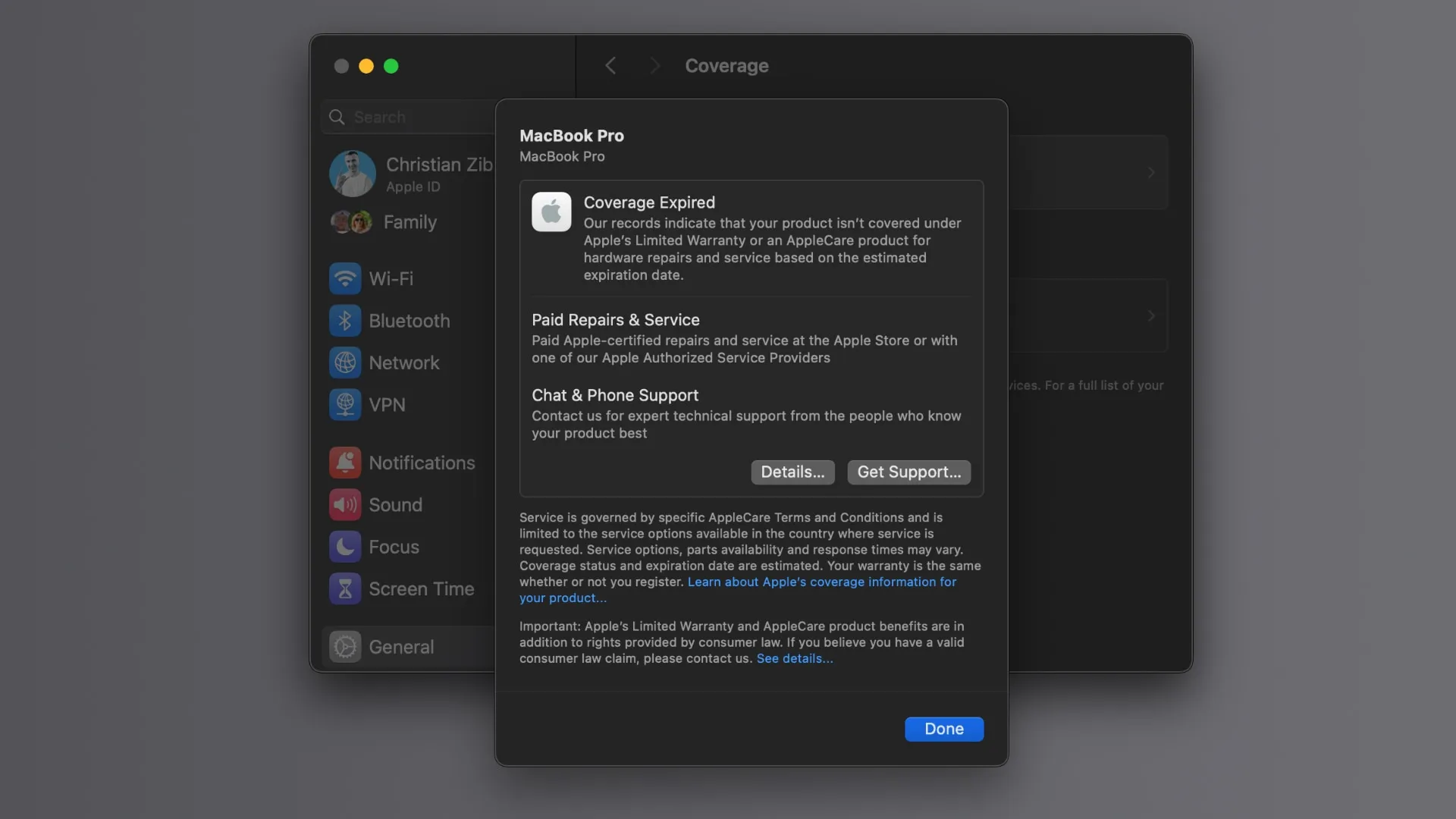Details zur Garantieabdeckung eines Mac in der Systemeinstellungen-App
