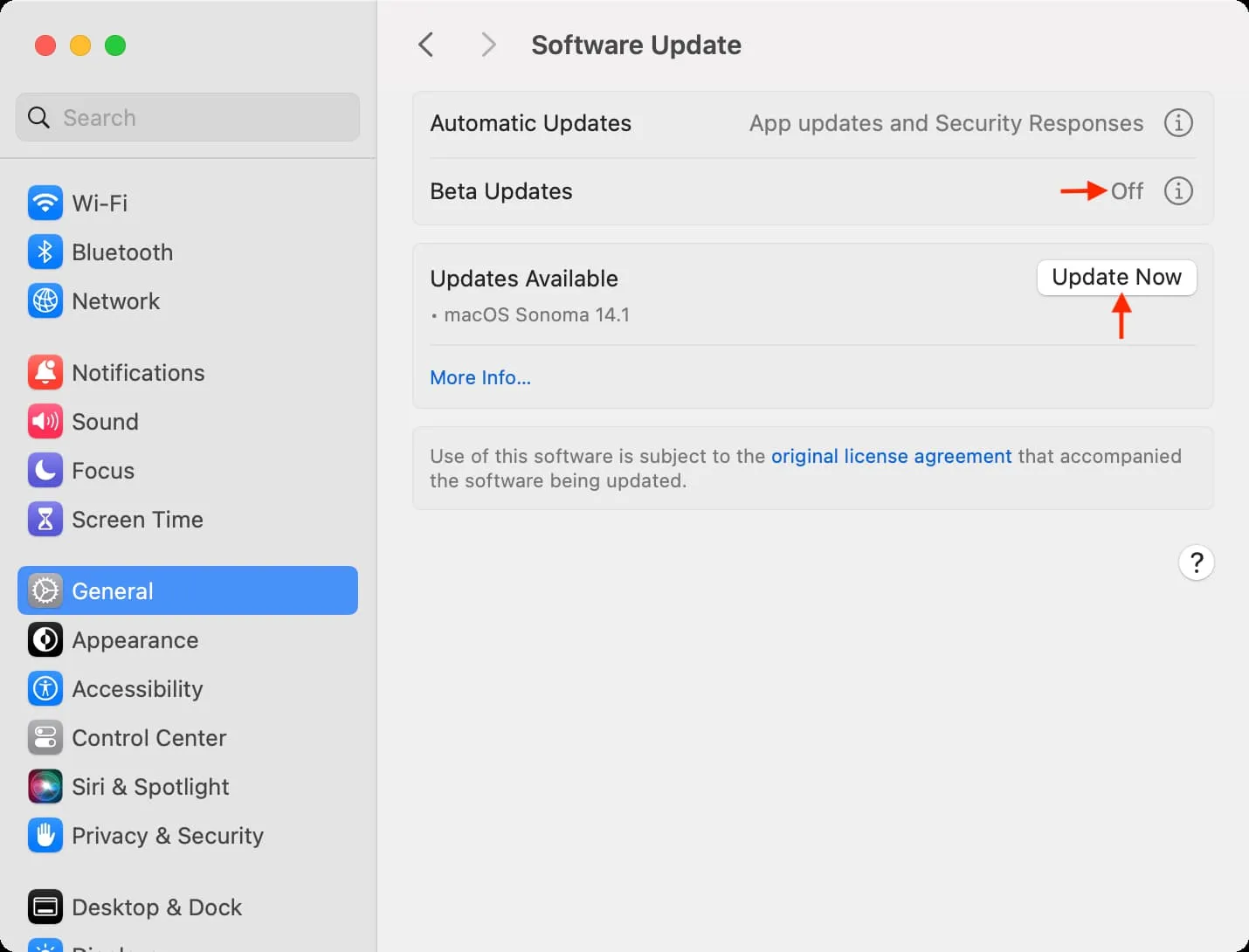 Atualizações beta desativadas e uma nova atualização disponível nas configurações do sistema Mac
