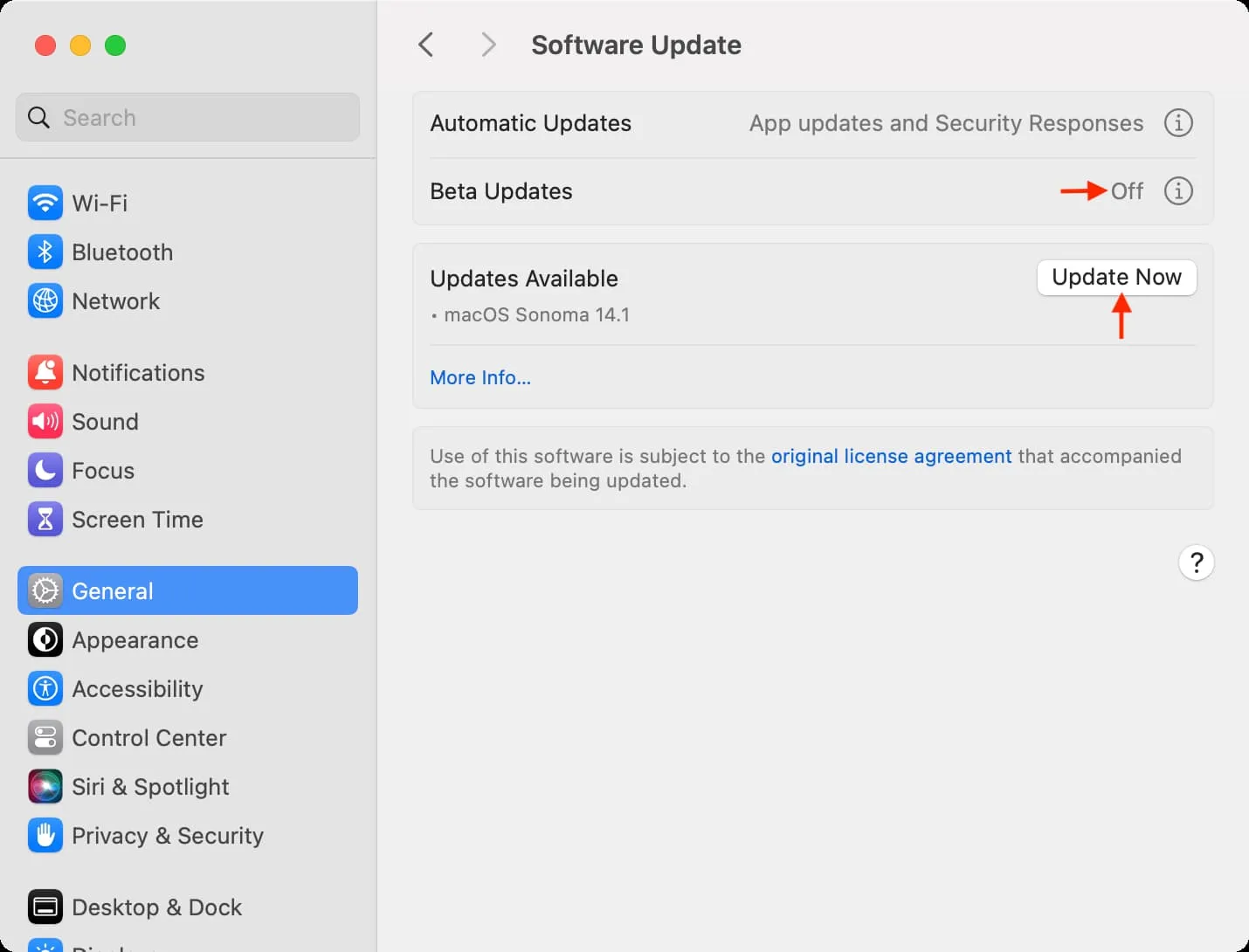 Bèta-updates uitgeschakeld en een nieuwe update beschikbaar in Mac-systeeminstellingen