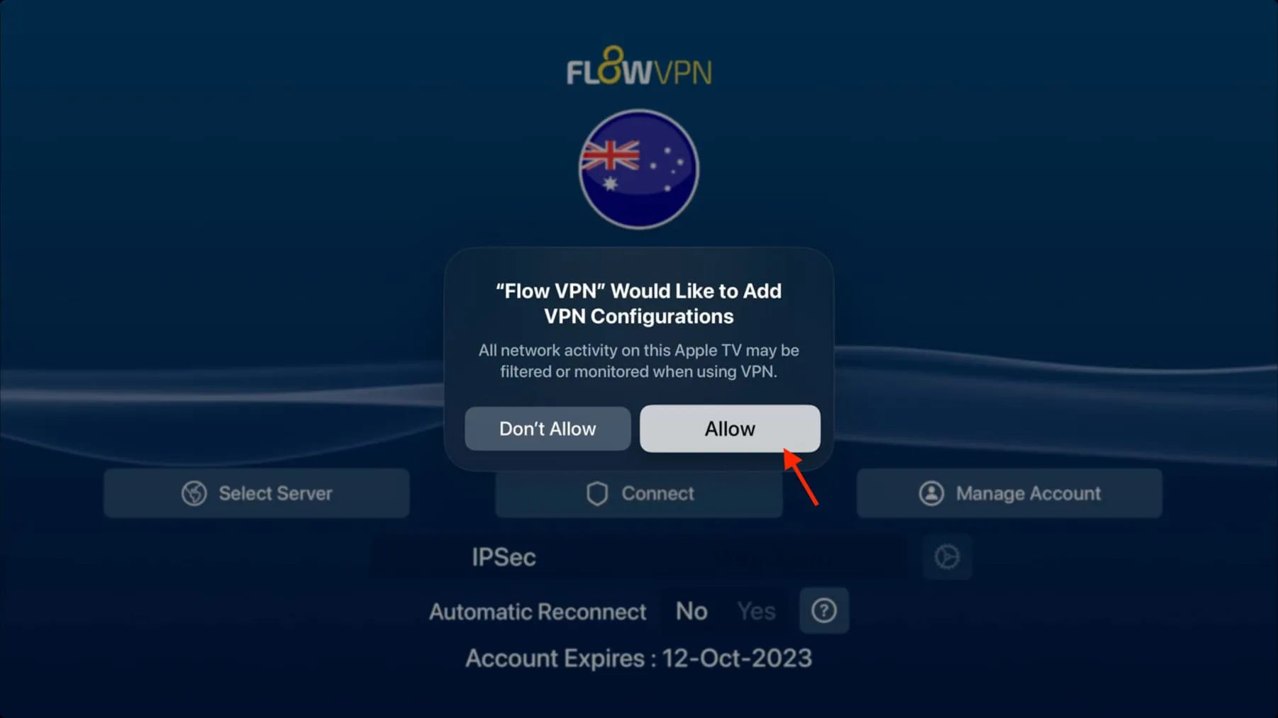 Klicken Sie auf „Zulassen“, wenn das VPN das Popup-Fenster „VPN-Konfigurationen“ auf dem Apple TV hinzufügen möchte