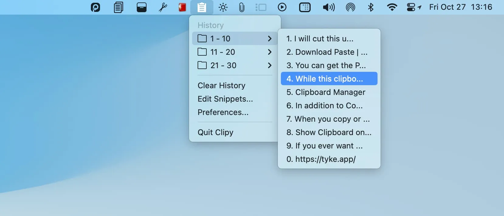 Aplicativo Clipy Clipboard na barra de menu do Mac