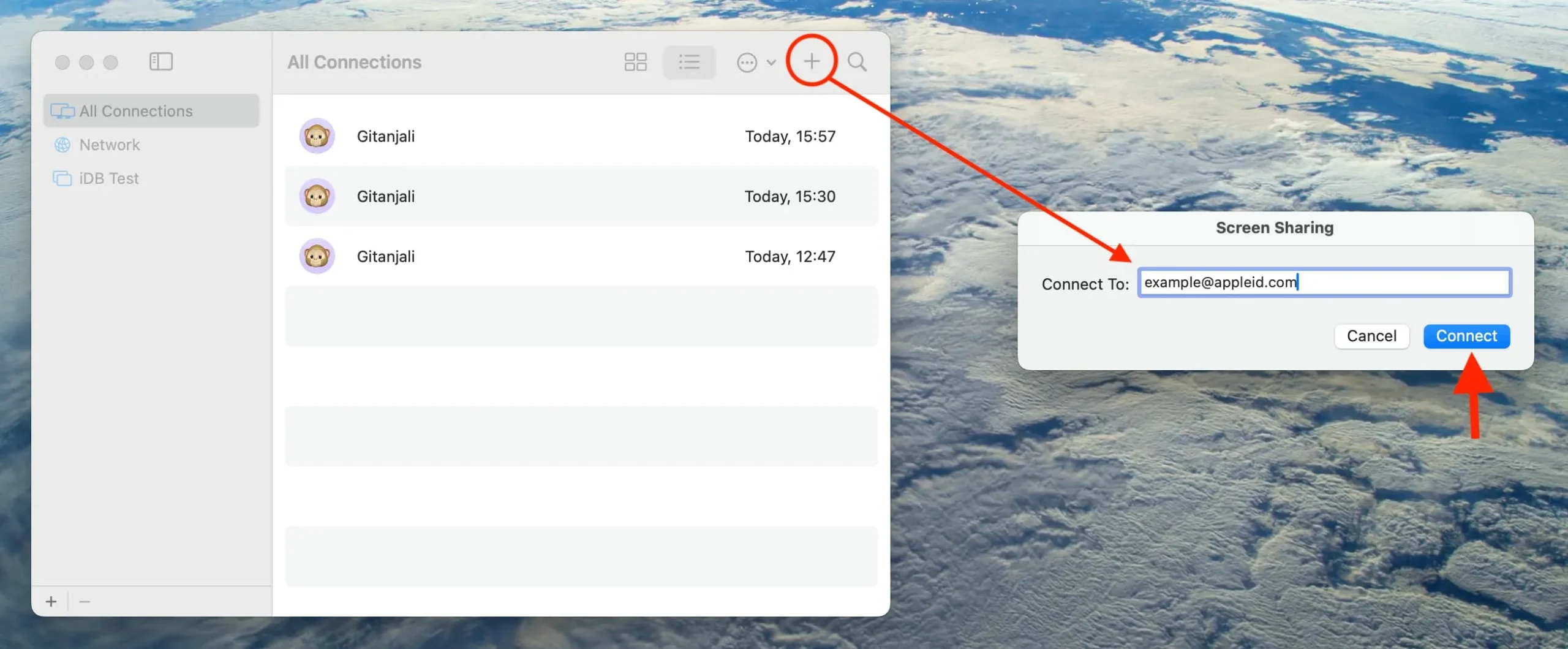 Geben Sie die Apple-ID in der Screen-Sharing-App auf dem Mac ein