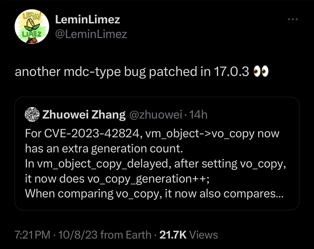 iOS 開發人員 LeminLimez 表示，有一種本質上與 MacDirtyCow 和 kfd 類似的新漏洞。