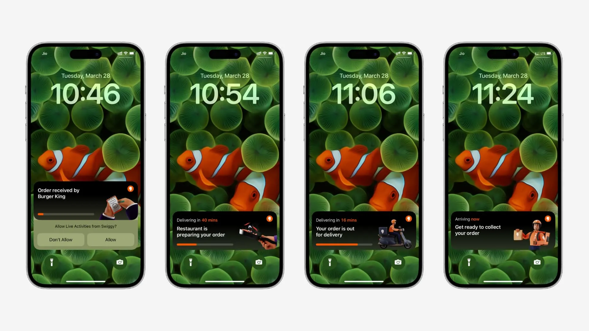 Vier iPhone-Screenshot-Modelle, die Live-Aktivitäten in Aktion auf dem Sperrbildschirm zeigen