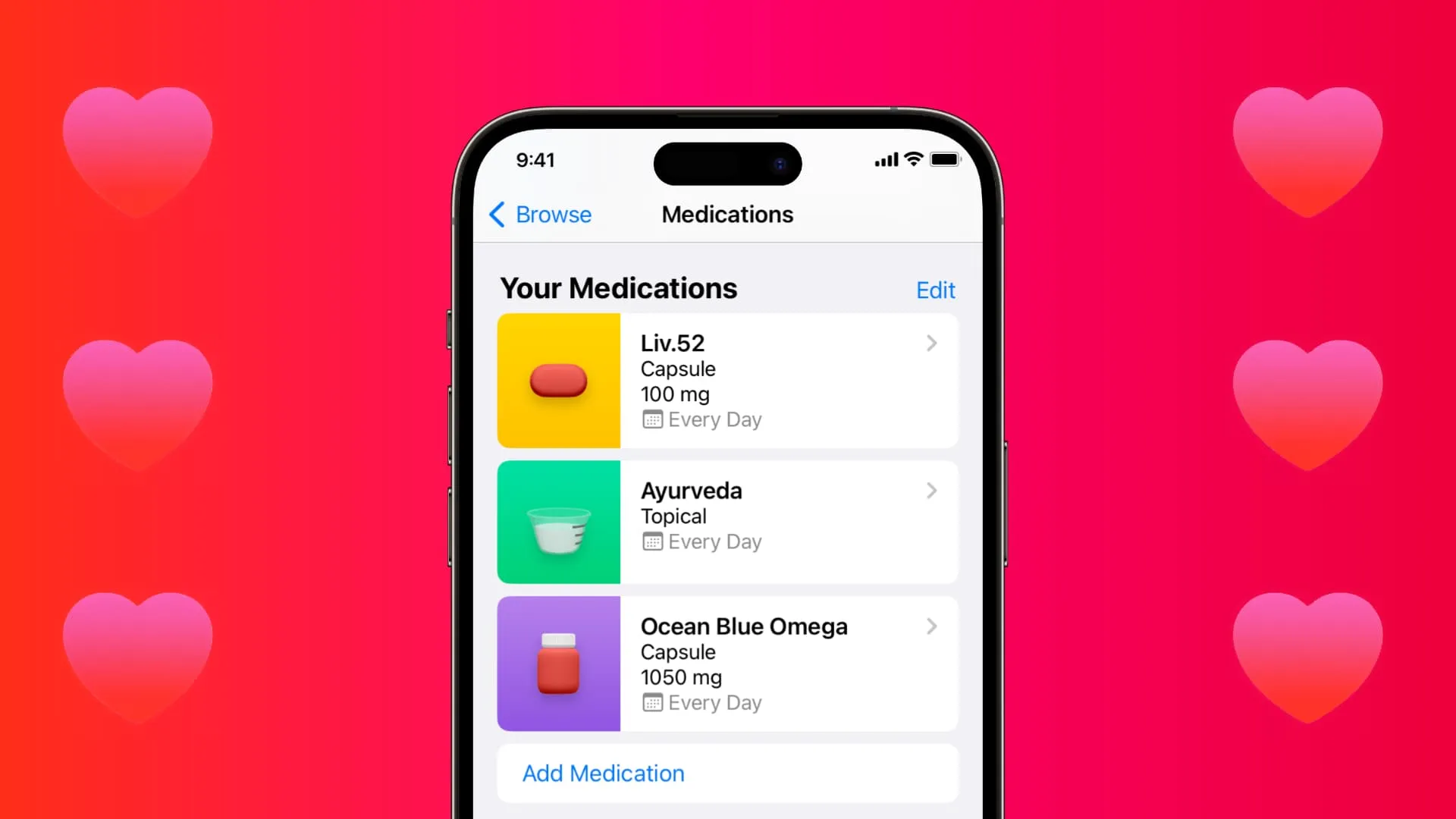 顯示添加了三種藥物的 iPhone Health 應用程式的圖像合成。 粉紅色純色背景上的六顆紅心表示 iOS 16 健康應用