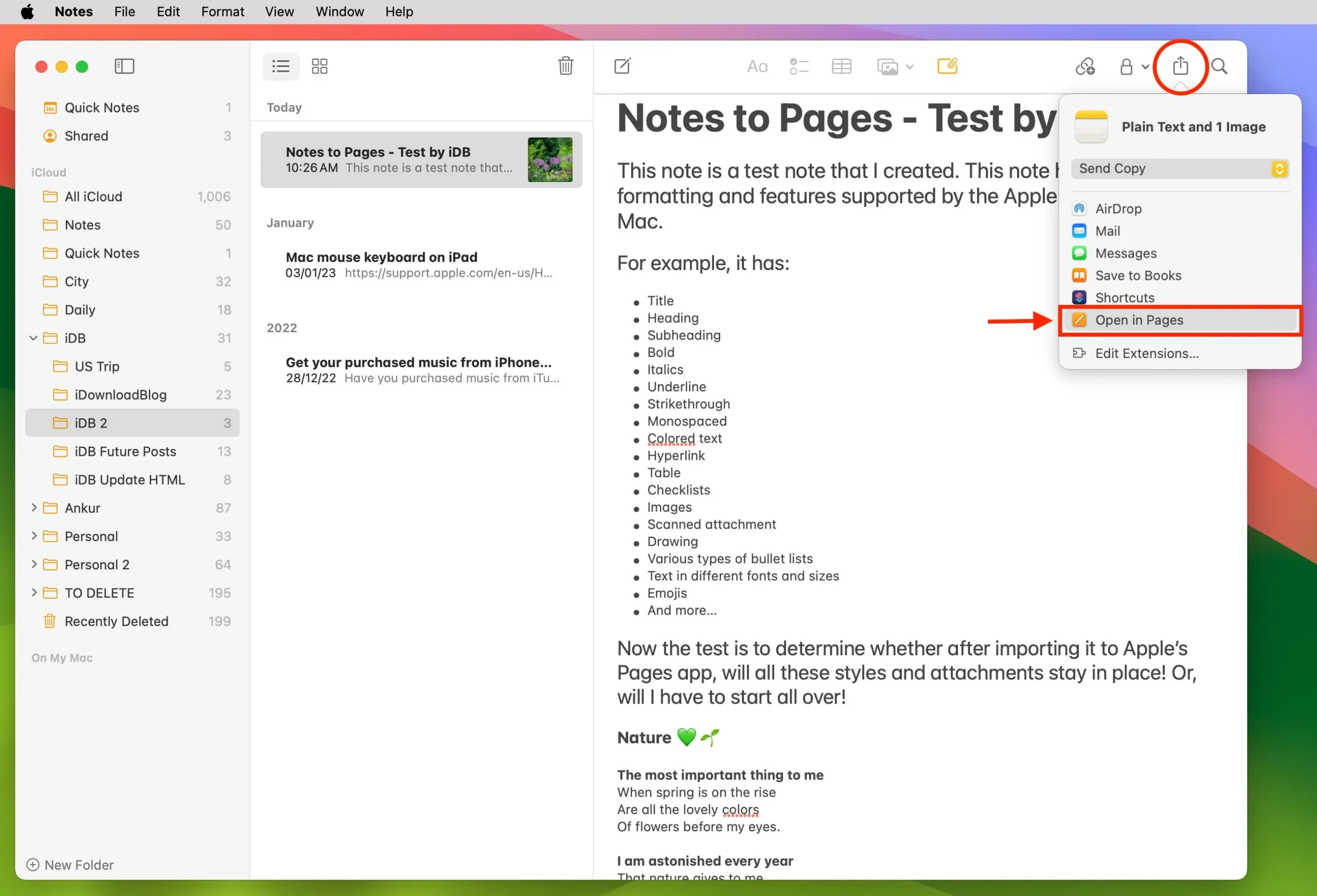 Opcja Otwórz w Pages w aplikacji Notatki na Macu