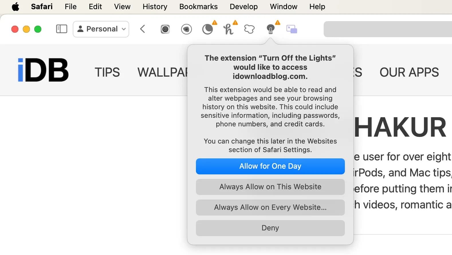 Option zur Auswahl, wenn die Ausführung einer Safari-Erweiterung auf dem Mac zugelassen wird