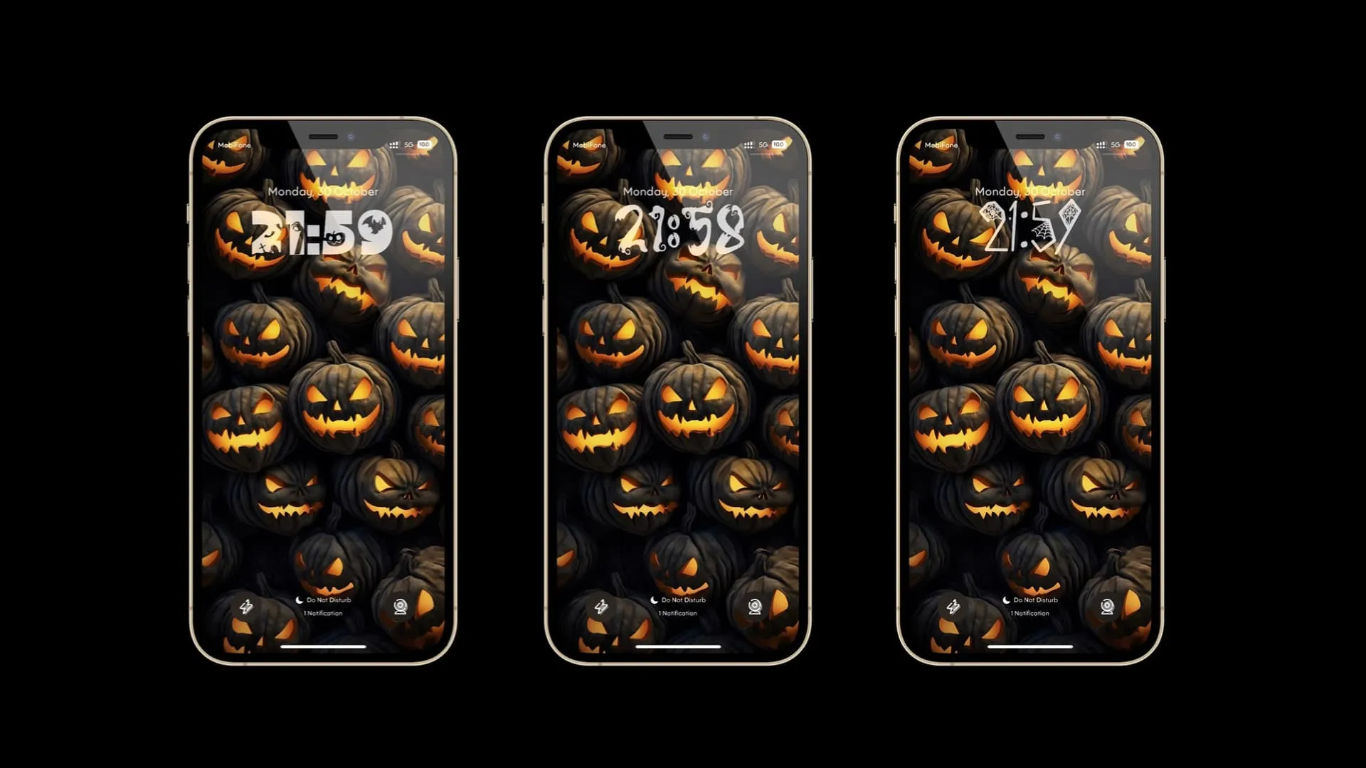 Exemplos de temas de Halloween na tela de bloqueio.