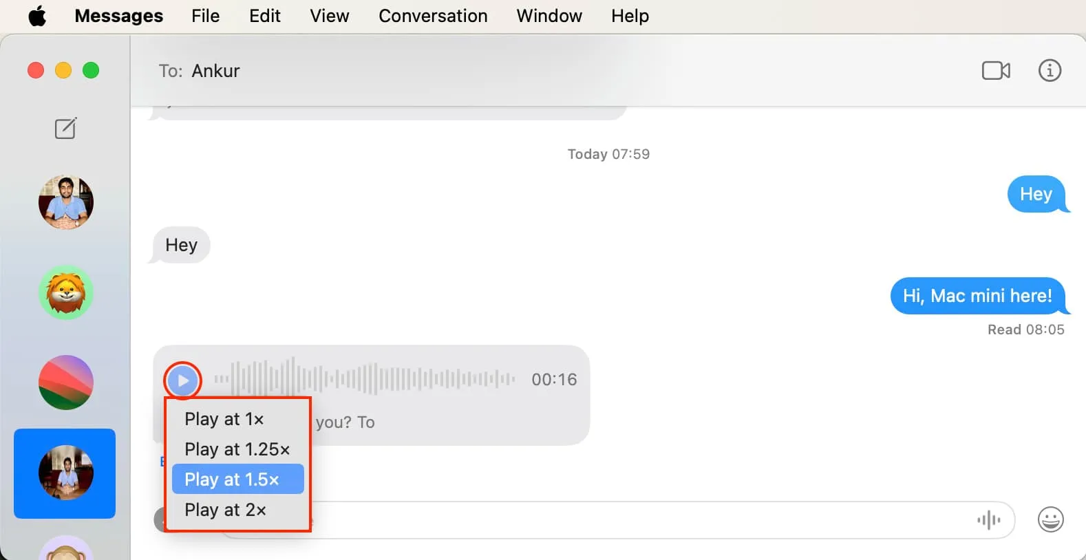 Odtwarzaj wiadomości głosowe z różną szybkością na komputerze Mac