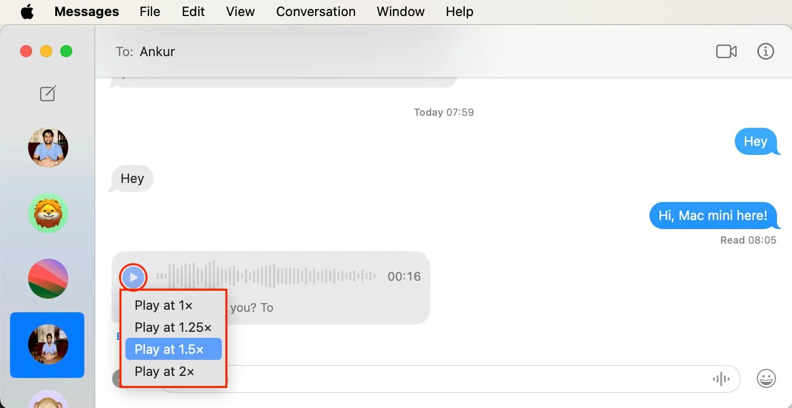 Sprachnachrichten auf dem Mac mit unterschiedlicher Geschwindigkeit abspielen
