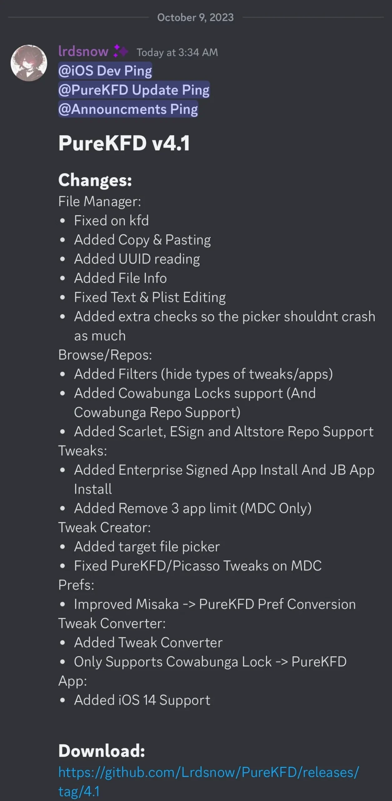 PureKFD 4.1 版透過 Discord 發布。