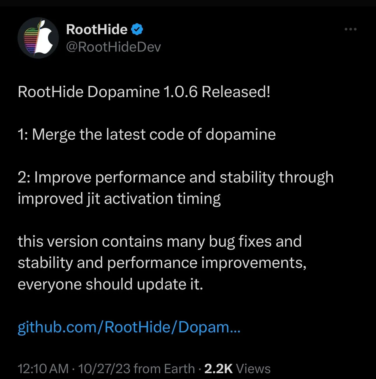 RootHide v1.0.6 更新。