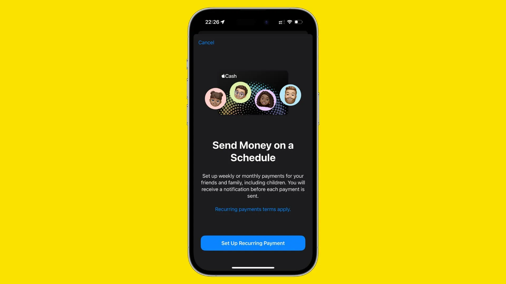 Senden Sie Geld nach einem Zeitplan-Banner auf dem iPhone
