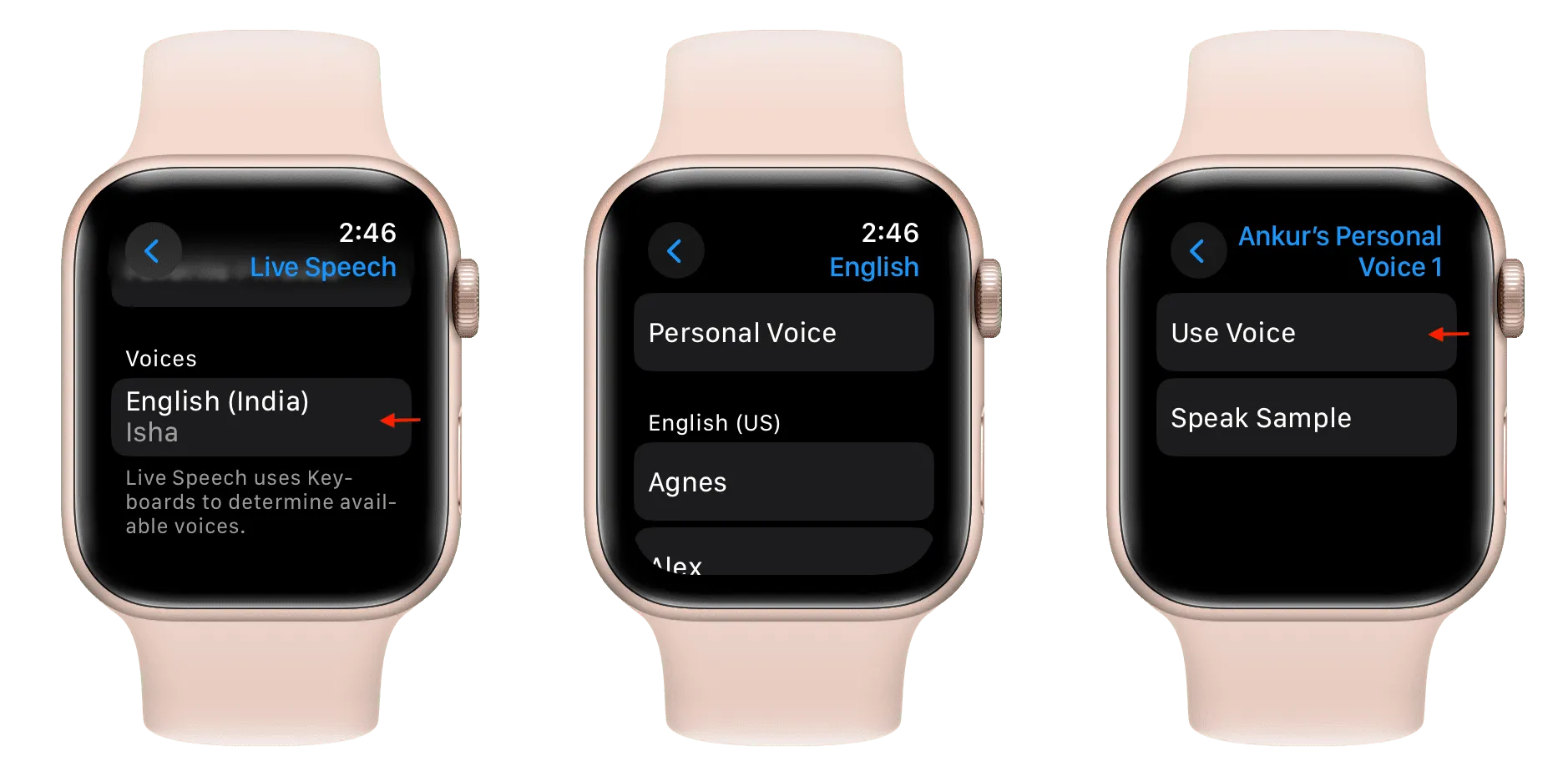 Definir voz pessoal como voz de fala ao vivo no Apple Watch