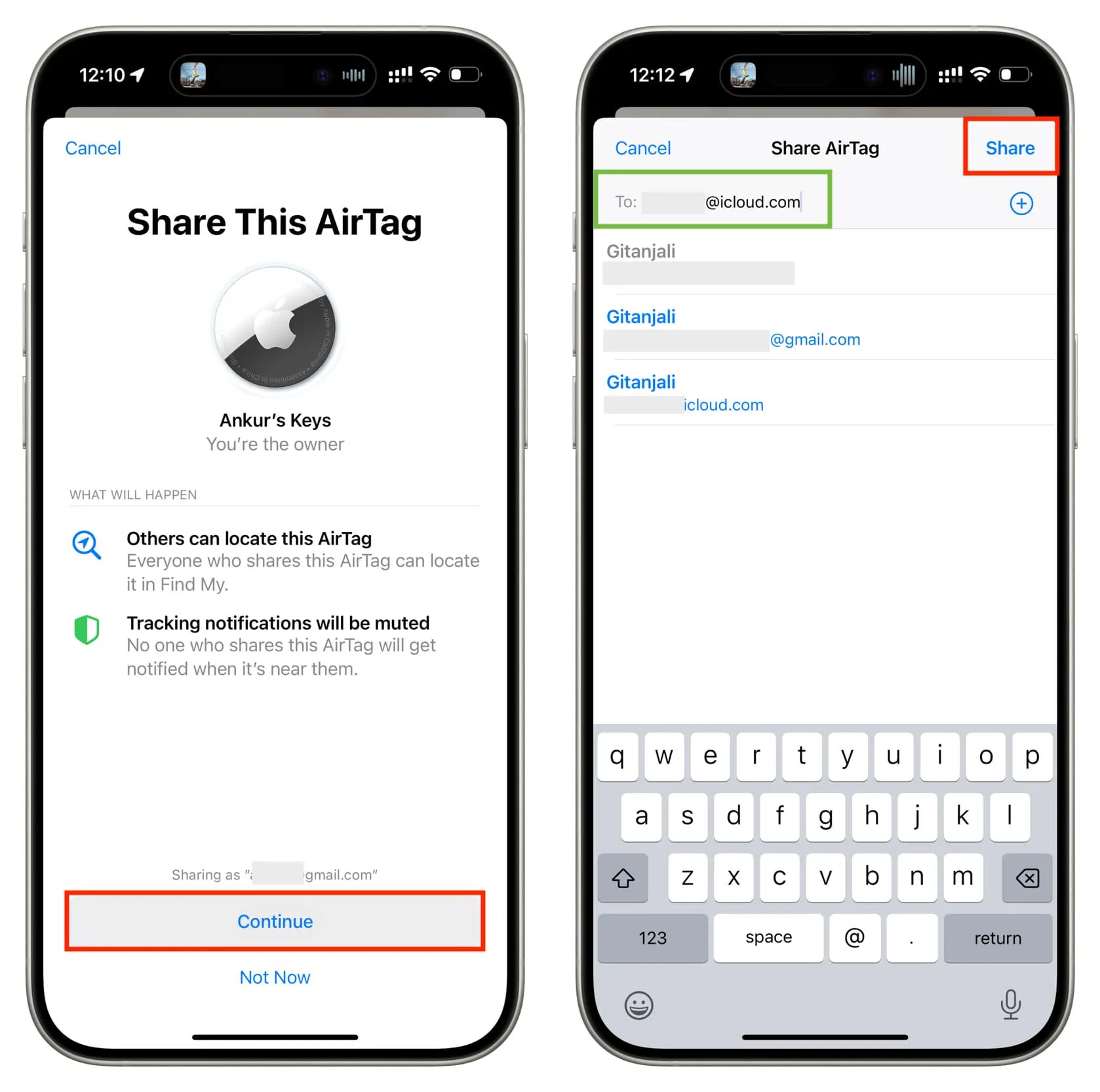 Поділіться цим AirTag, ввівши електронну адресу користувача Apple ID і торкнувшись «Поділитися».