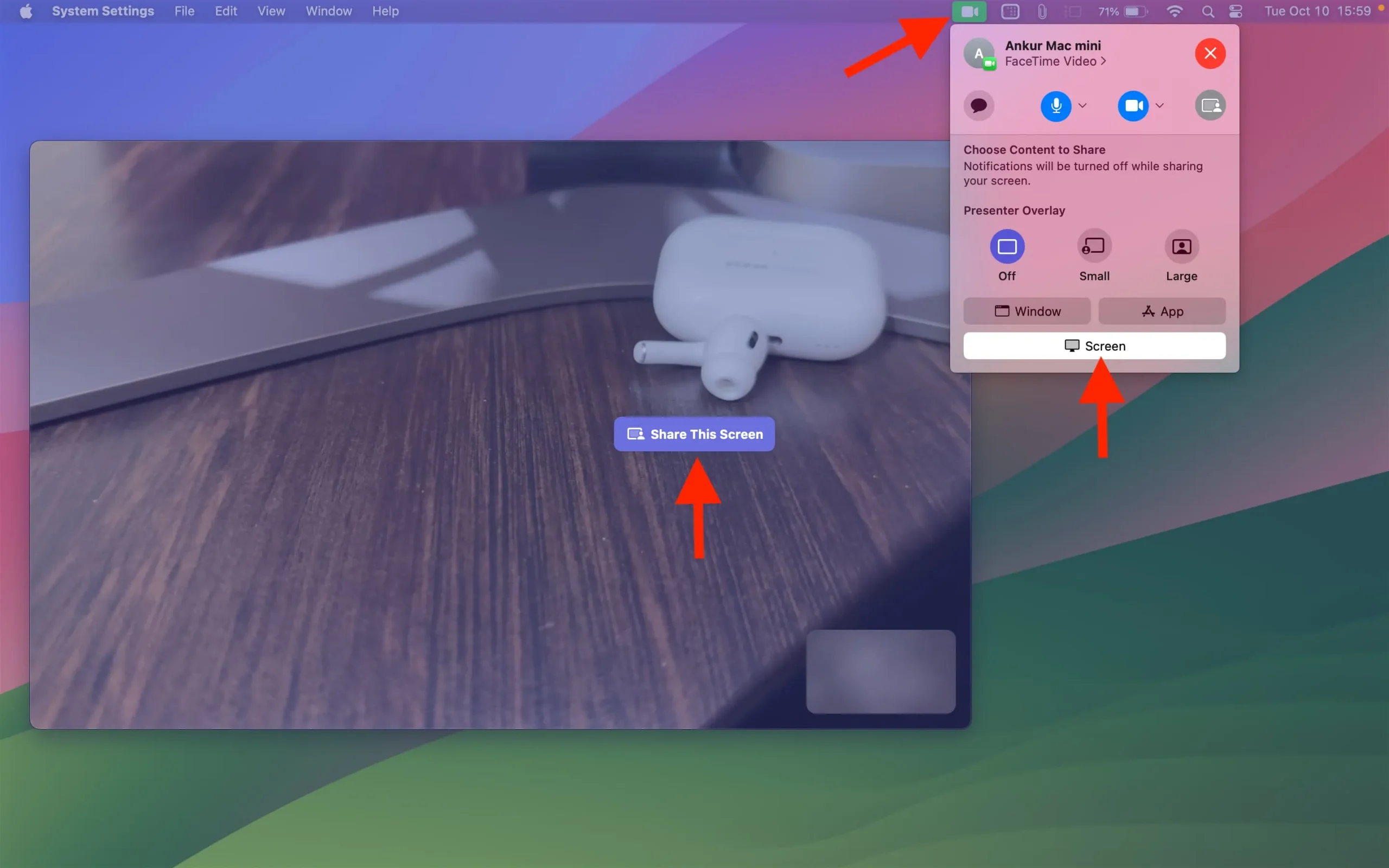 Udostępnij swój pełny ekran podczas rozmowy FaceTime na komputerze Mac
