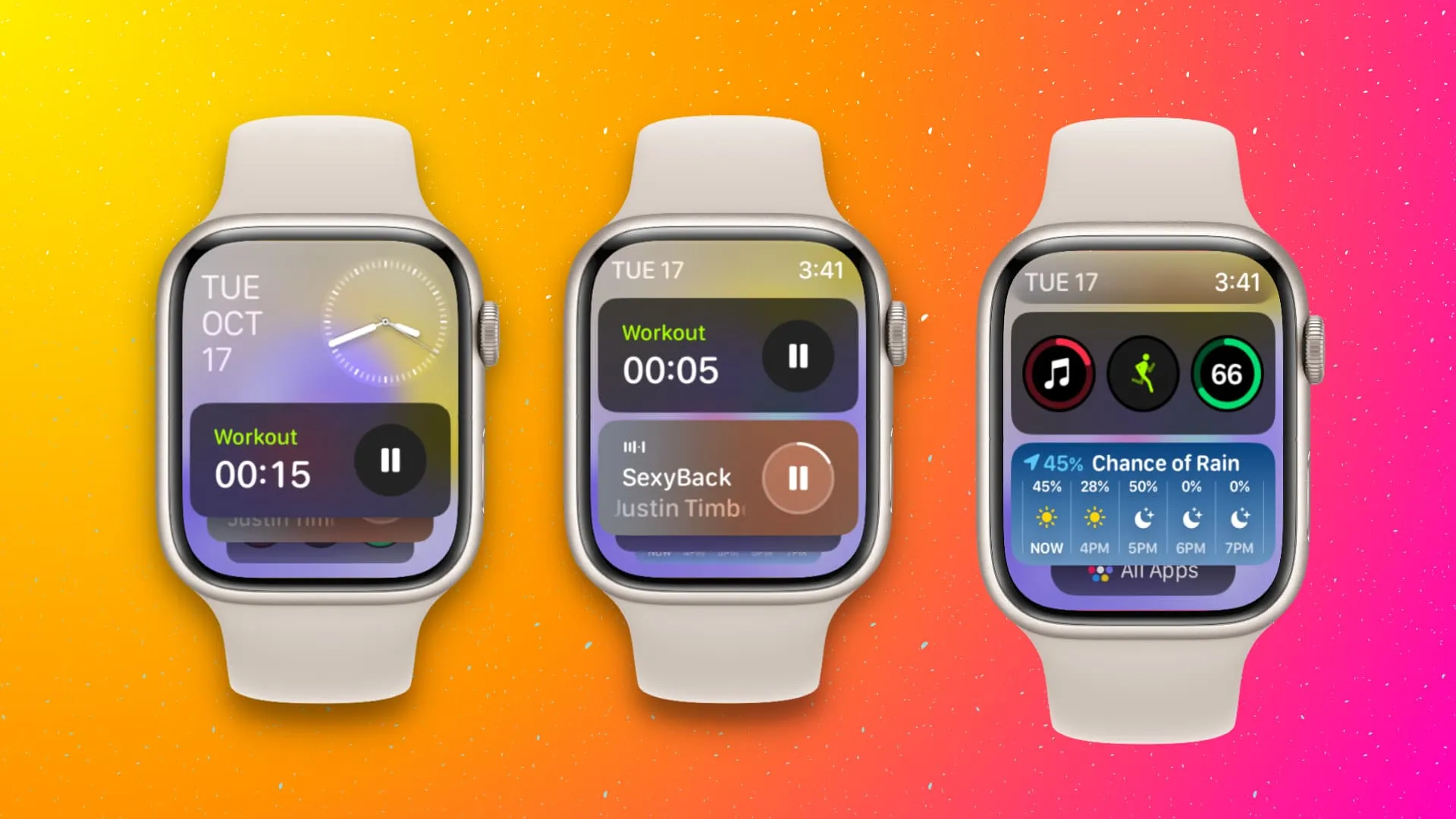 Три макети Apple Watch, що демонструють віджети Smart Stacks у watchOS 10