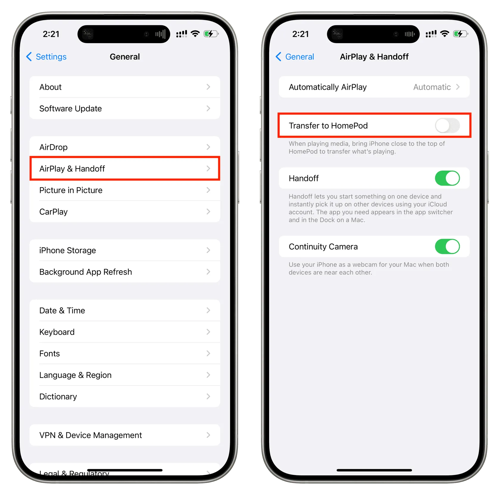 Desative a transferência para HomePod nas configurações do iPhone