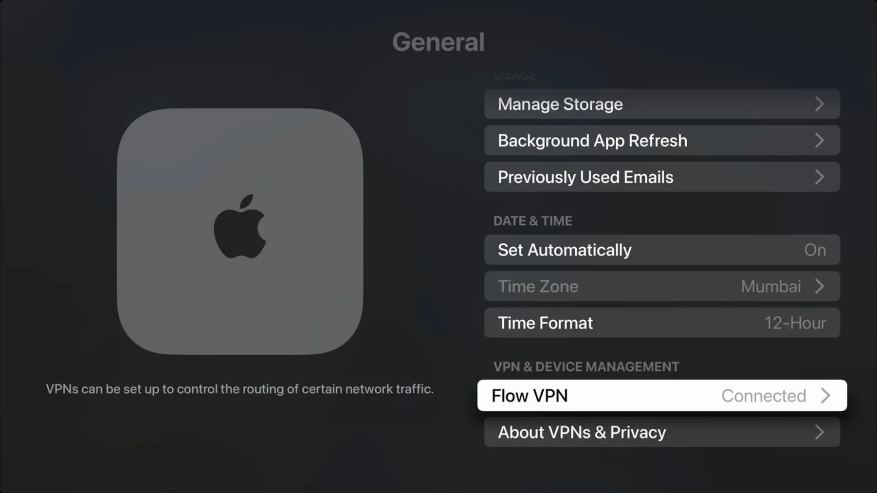 VPN- und Geräteverwaltung in den Apple TV-Einstellungen