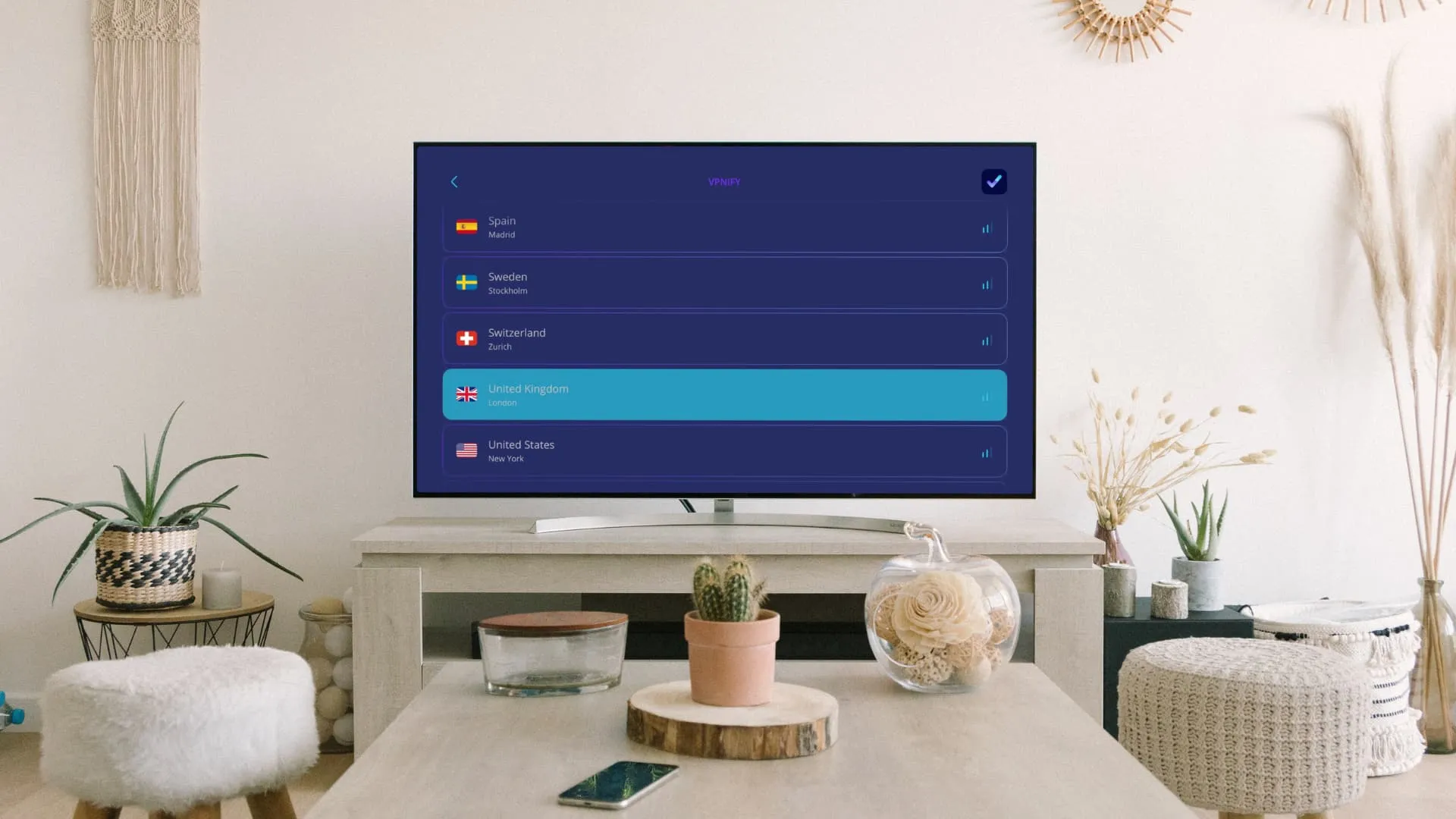 VPN auf Apple TV zeigt den Bildschirm zur Länderauswahl an
