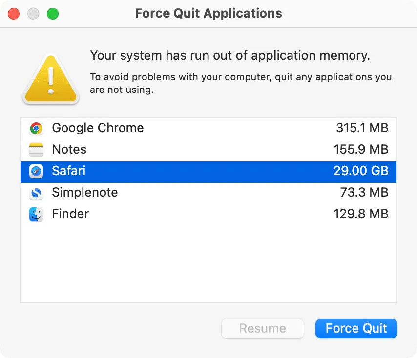 Alerta de falta de memória do aplicativo no seu sistema no Mac