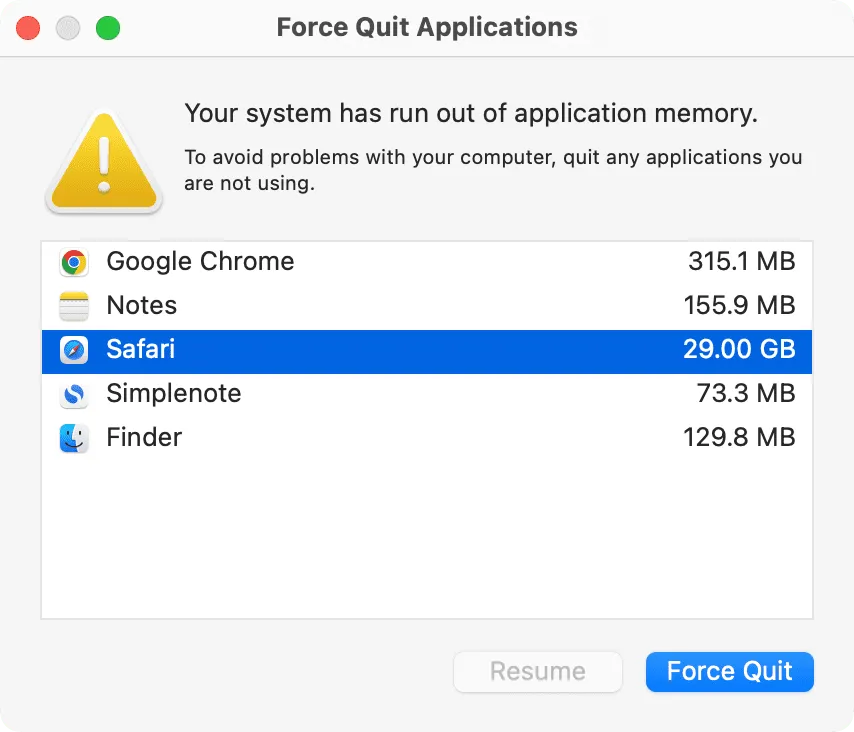 Mac 上的系統已耗盡應用程式記憶體警報
