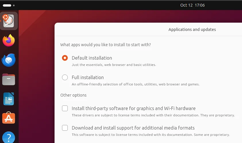 Twoje nowe opcje instalacji w Ubuntu 23.10.  Żadne z nich nie jest