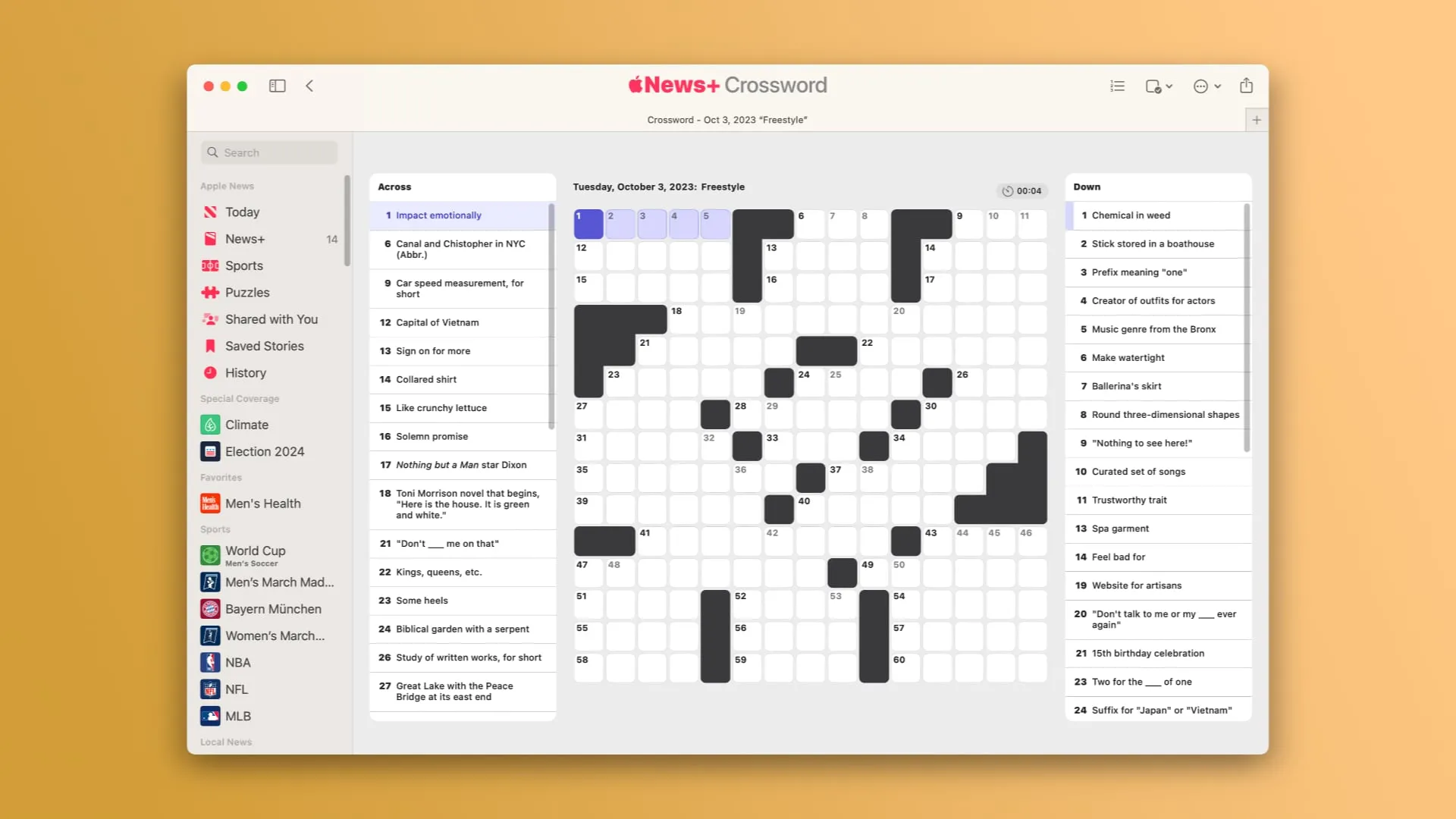 Mac의 Apple News+에서 크로스워드 퍼즐 풀기