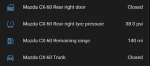 Um vislumbre de alguns dos potenciais dados do Mazda do Home Assistant, antes de serem removidos.