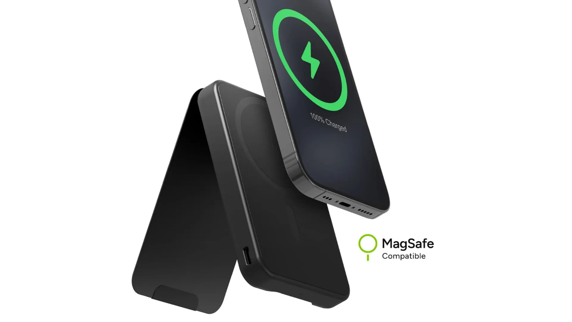 Mophie Snap+ Juice Pack mini con soporte y iPhone en marco.