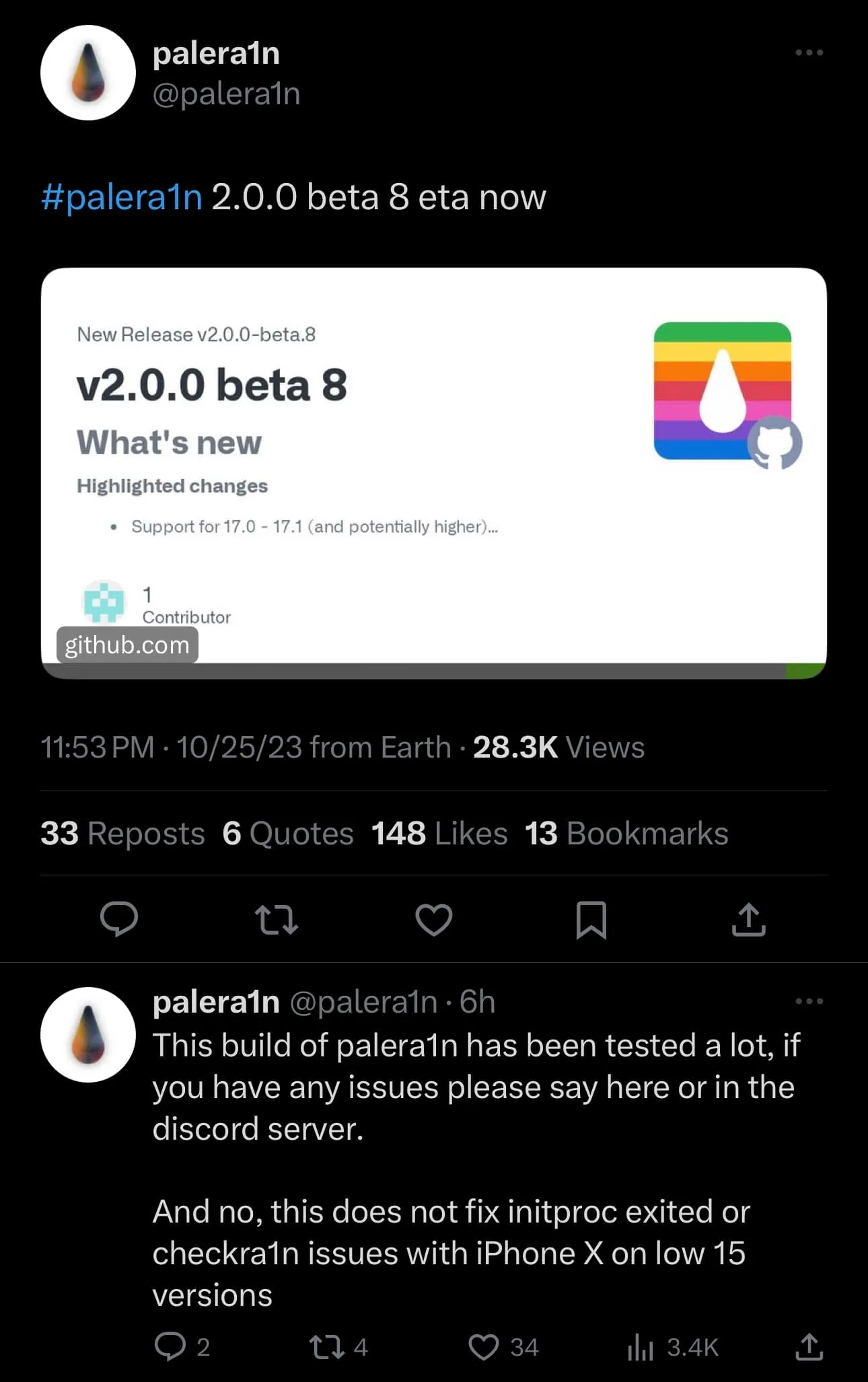 A equipe palera1n anuncia o lançamento da versão 2.0.0 beta 8.