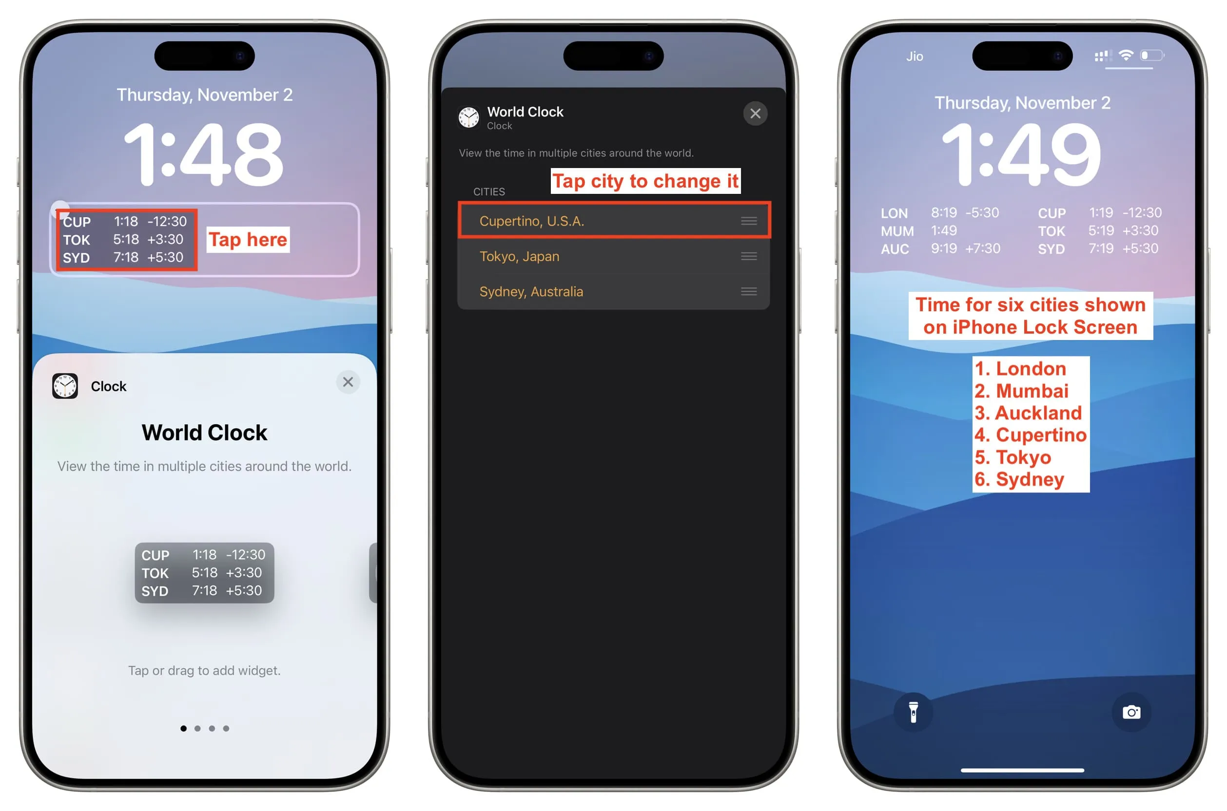 Adicione o widget Relógio Mundial à tela de bloqueio do iPhone e adicione as cidades desejadas
